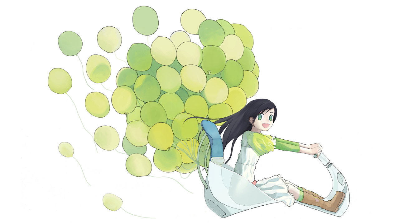 shuzoku fumei, tagme, balloon, black hair, long hair, riding, solo