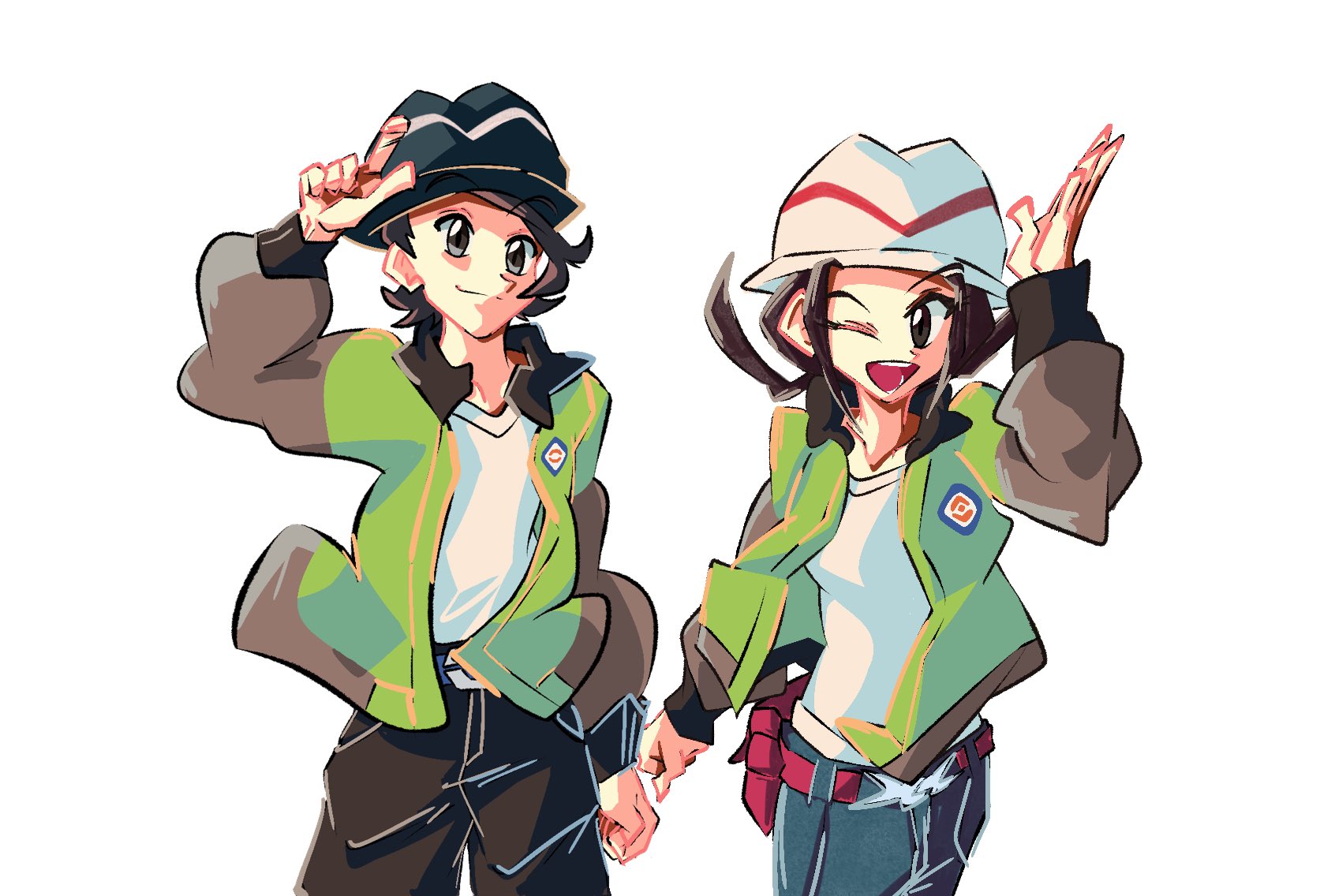 harmony (pokemon), paxton (pokemon), nintendo, pokemon, pokemon legends: z-a, highres, 1boy, 1girl, belt, black hair, black hat, black pants, blue pants, breasts, brown eyes, brown hair, closed mouth, green jacket, hat, j ontoh, jacket, long sleeves, looking at viewer, one eye closed, open clothes, open jacket, open mouth, pants, shirt, short hair, simple background, smile, white background, white hat, white shirt