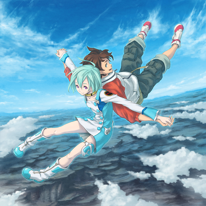 hisakata souji, eureka (eureka seven), renton thurston, eureka seven, eureka seven (series), white footwear, bad id, bad pixiv id, 00s, 1boy, 1girl, aqua hair, back-to-back, boots, brown hair, day, falling, hetero, holding hands, locked arms, midair, purple eyes, raglan sleeves, short hair, sky, smile, thigh strap