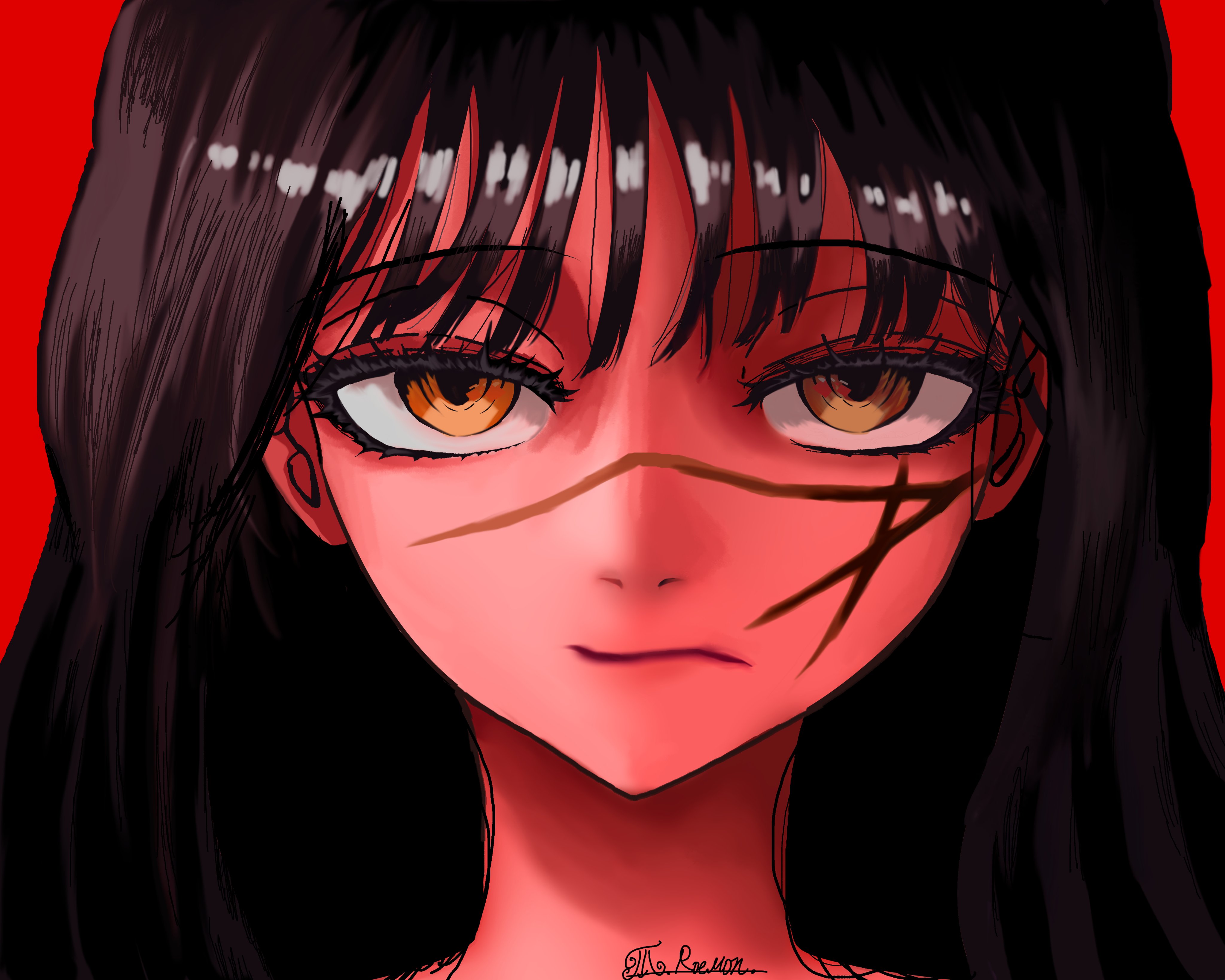 mitaka asa, war devil (chainsaw man), chainsaw man, absurdres, commentary request, highres, 1girl, black hair, close-up, long hair, looking at viewer, red background, roemon, scar, scar on face, simple background, solo, yellow eyes