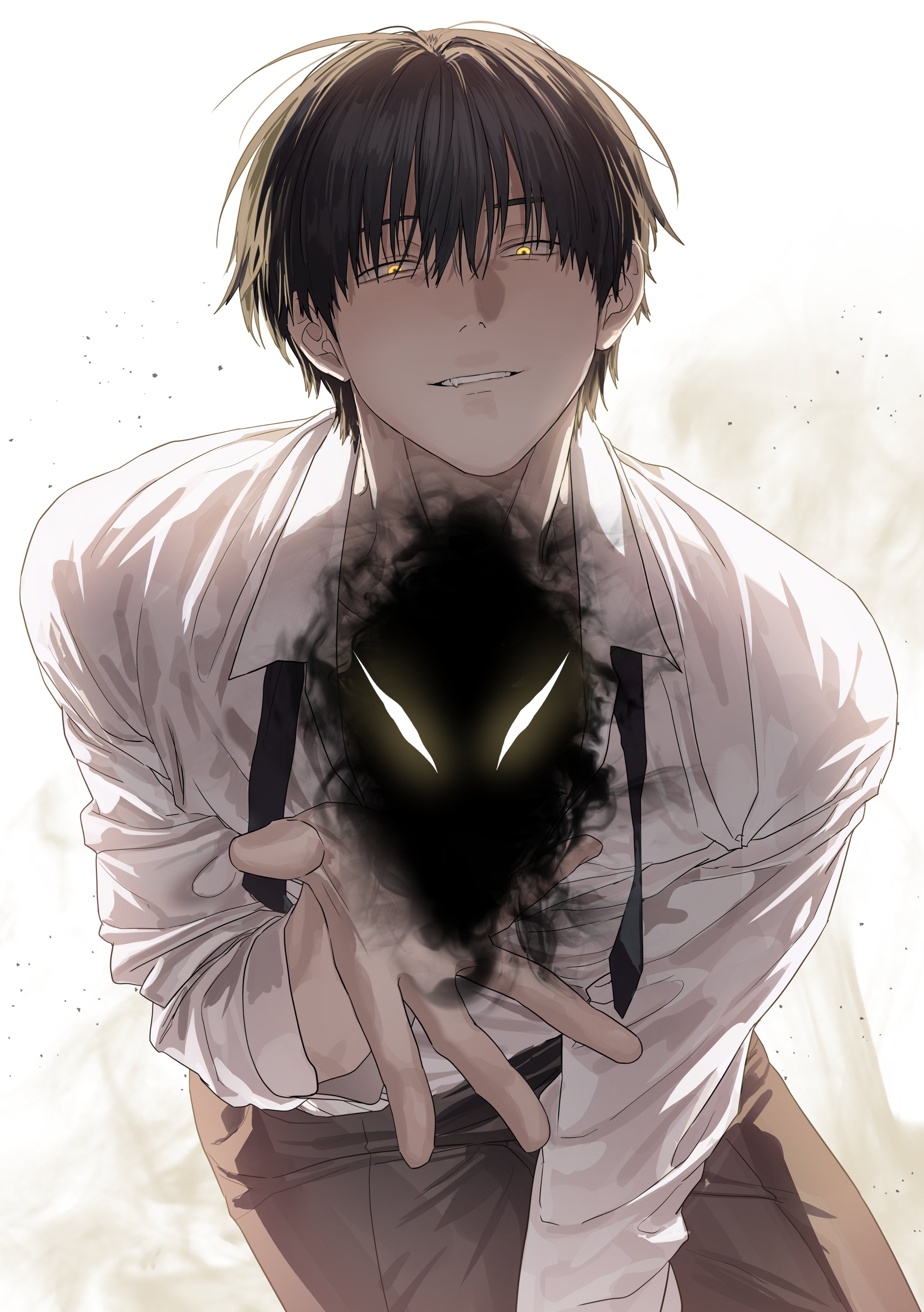 chamuring, absurdres, commentary request, highres, korean commentary, 1boy, black hair, black necktie, black pants, closed mouth, collared shirt, fang, han maru, male focus, necktie, pants, shirt, short hair, special civil servant, teeth, undone necktie, white shirt, yellow eyes