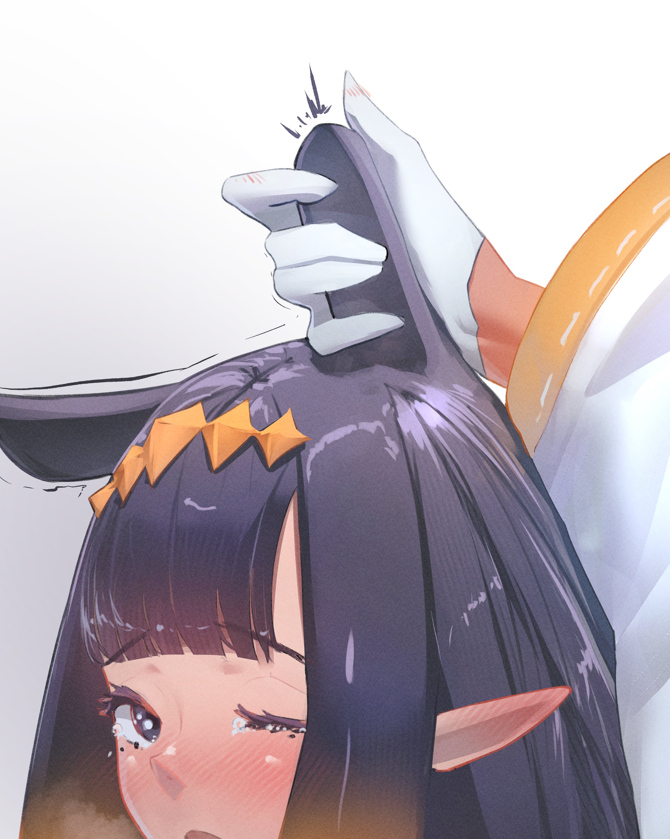 floomf, ninomae ina'nis, ninomae ina'nis (1st costume), shiranui flare, hololive, absurdres, commentary, highres, 2girls, blunt bangs, blush, gloves, grabbing another's ear, gradient hair, halo, hand on another's ear, long hair, looking at viewer, mole, mole under eye, motion lines, multicolored hair, multiple girls, one eye closed, open mouth, orange hair, pointy ears, purple hair, sidelocks, simple background, tears, tentacle hair, virtual youtuber