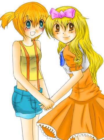 yuno (asanan), ash ketchum, ashley (pokemon), misty (pokemon), nintendo, pokemon, pokemon (anime), pokemon (classic anime), creatures (company), game freak, bad id, bad pixiv id, lowres, 1boy, blue hair, blush, child, crossdressing, dress, holding hands, trap, white background