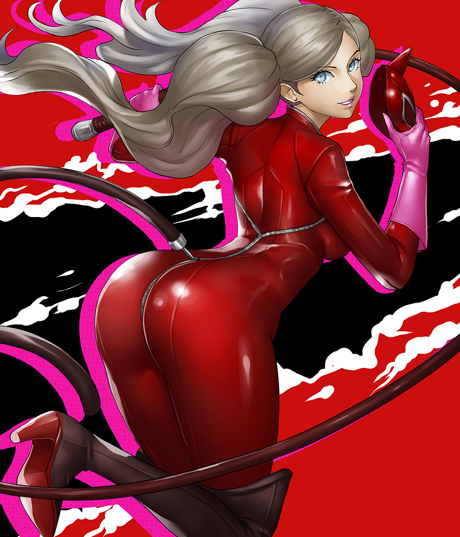 rondeu, takamaki anne, persona, persona 5, commentary, commission, english commentary, 1girl, ass, blonde hair, blue eyes, bodysuit, breasts, cat tail, fake tail, floating hair, from behind, grin, high heels, holding, holding mask, holding whip, lips, long hair, looking at viewer, looking back, mask, medium breasts, red background, red bodysuit, skin tight, smile, solo, tail, twintails, very long hair