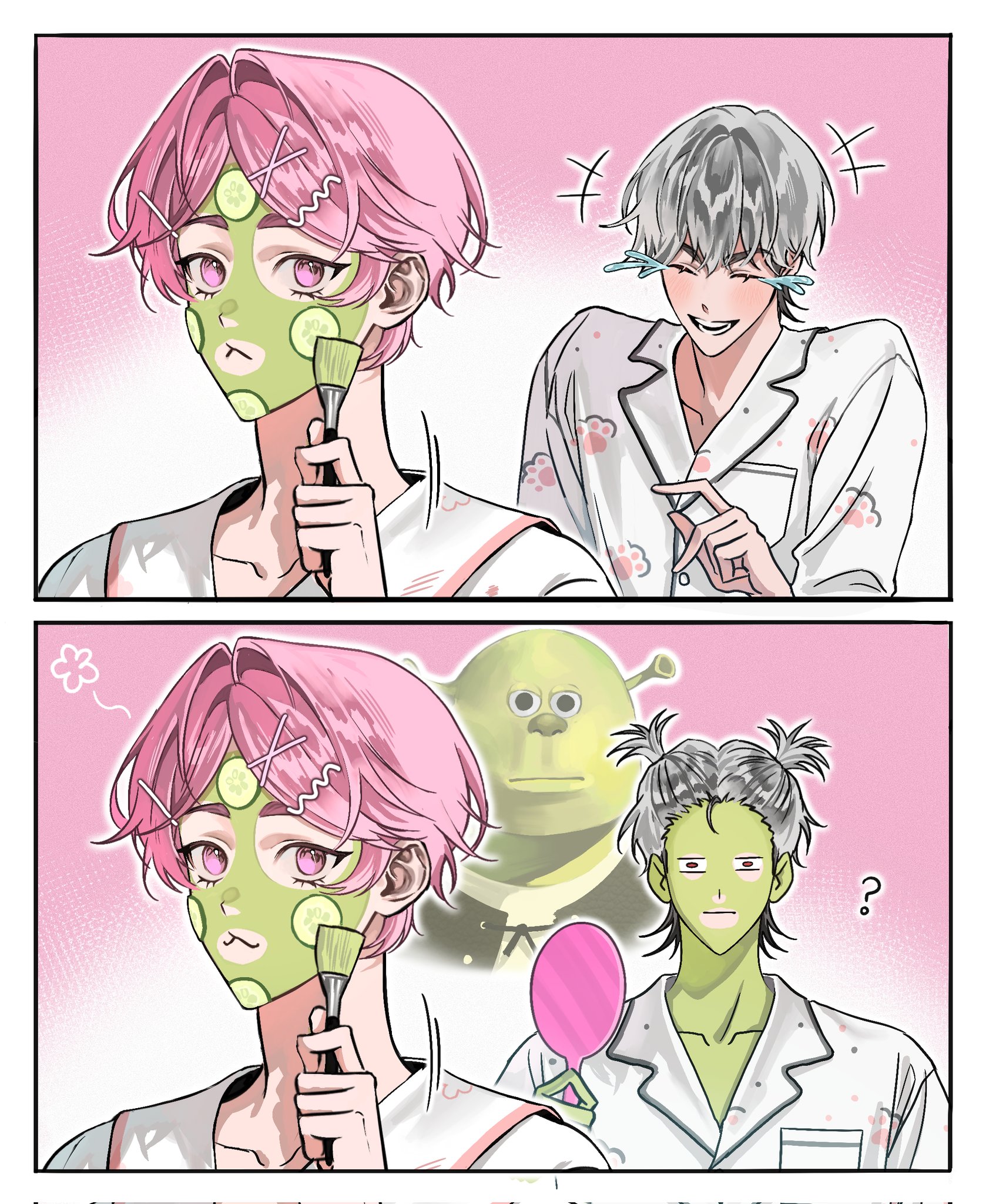 amo 0202, bamby (plave), shrek, plave, shrek (series), highres, +++, 3boys, ?, border, closed eyes, closed mouth, cucumber, cucumber on face, cucumber slice, eunho (plave), grey hair, hair between eyes, hair intakes, hair ornament, hairclip, happy tears, holding, holding brush, holding makeup brush, k-pop, laughing, makeup brush, male focus, mask, mouth mask, multiple boys, open mouth, pajamas, parted bangs, pink eyes, pink hair, pointing, pointing at another, short hair, short twintails, smile, tears, twintails, upper body, white border, white pajamas