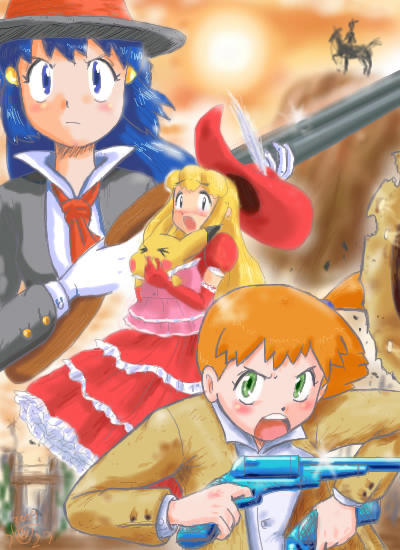 gouguru, ash ketchum, ashley (pokemon), dawn (pokemon), misty (pokemon), pikachu, nintendo, pokemon, pokemon (anime), pokemon (classic anime), pokemon dppt (anime), trigun, 1boy, 2girls, blonde hair, blue hair, blush, child, cowboy western, crossdressing, dress, dual wielding, epic, gen 1 pokemon, gun, handgun, hat, holding, multiple girls, pokemon (creature), revolver, rifle, trap, weapon