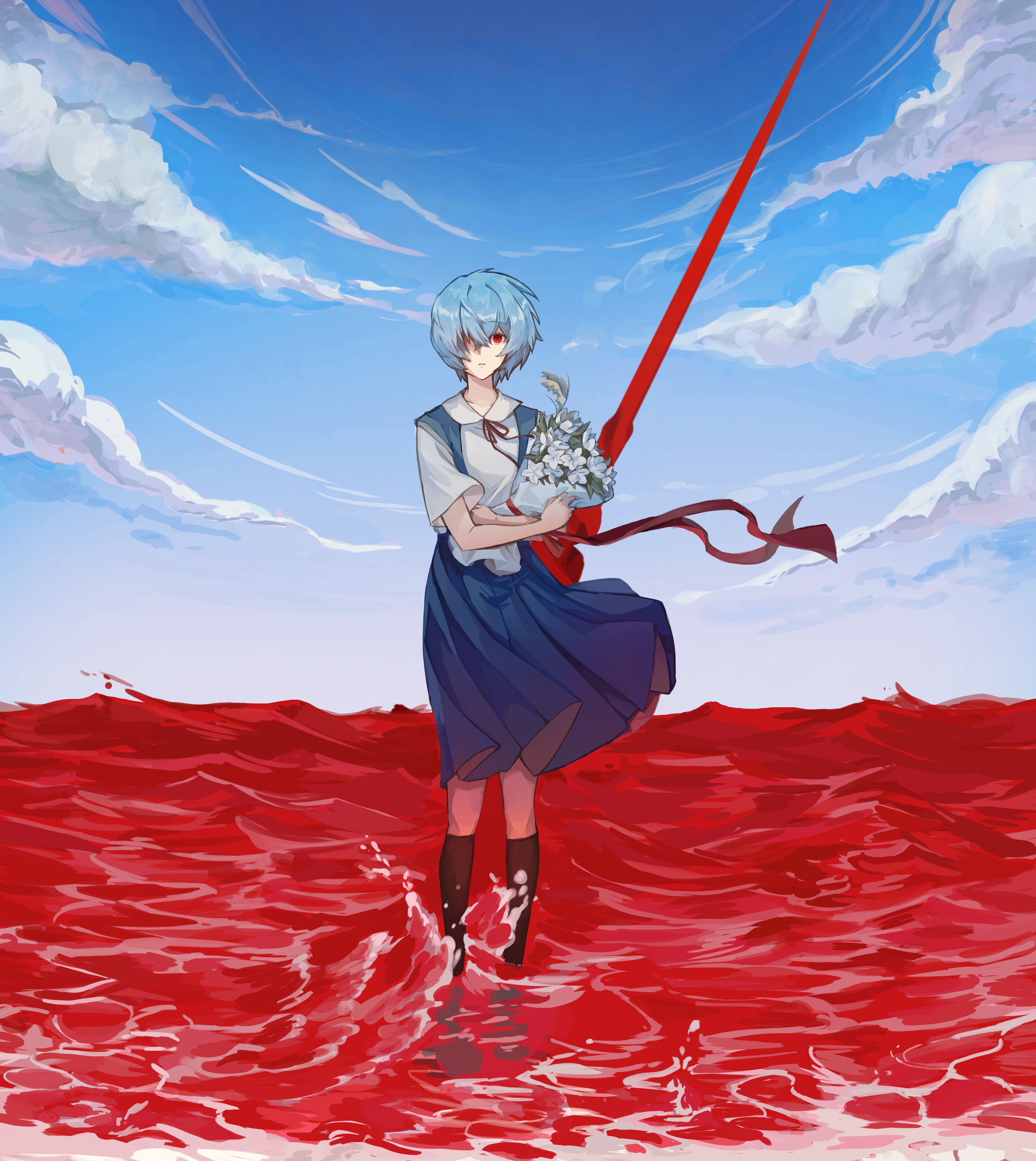 ayanami rei, neon genesis evangelion, absurdres, chinese commentary, commentary, highres, 1girl, black socks, blue hair, blue skirt, blue sky, bouquet, cloud, collarbone, collared shirt, expressionless, flower, full body, hair over one eye, horizon, hugging object, jidan (40677), kneehighs, lance of longinus (evangelion), looking at viewer, neck ribbon, ocean, one eye covered, pleated skirt, red eyes, red ocean, red ribbon, ribbon, school uniform, shirt, short hair, short sleeves, skirt, sky, socks, solo, straight-on, suspender skirt, suspenders, tokyo-3 middle school uniform, wading, white flower, white shirt