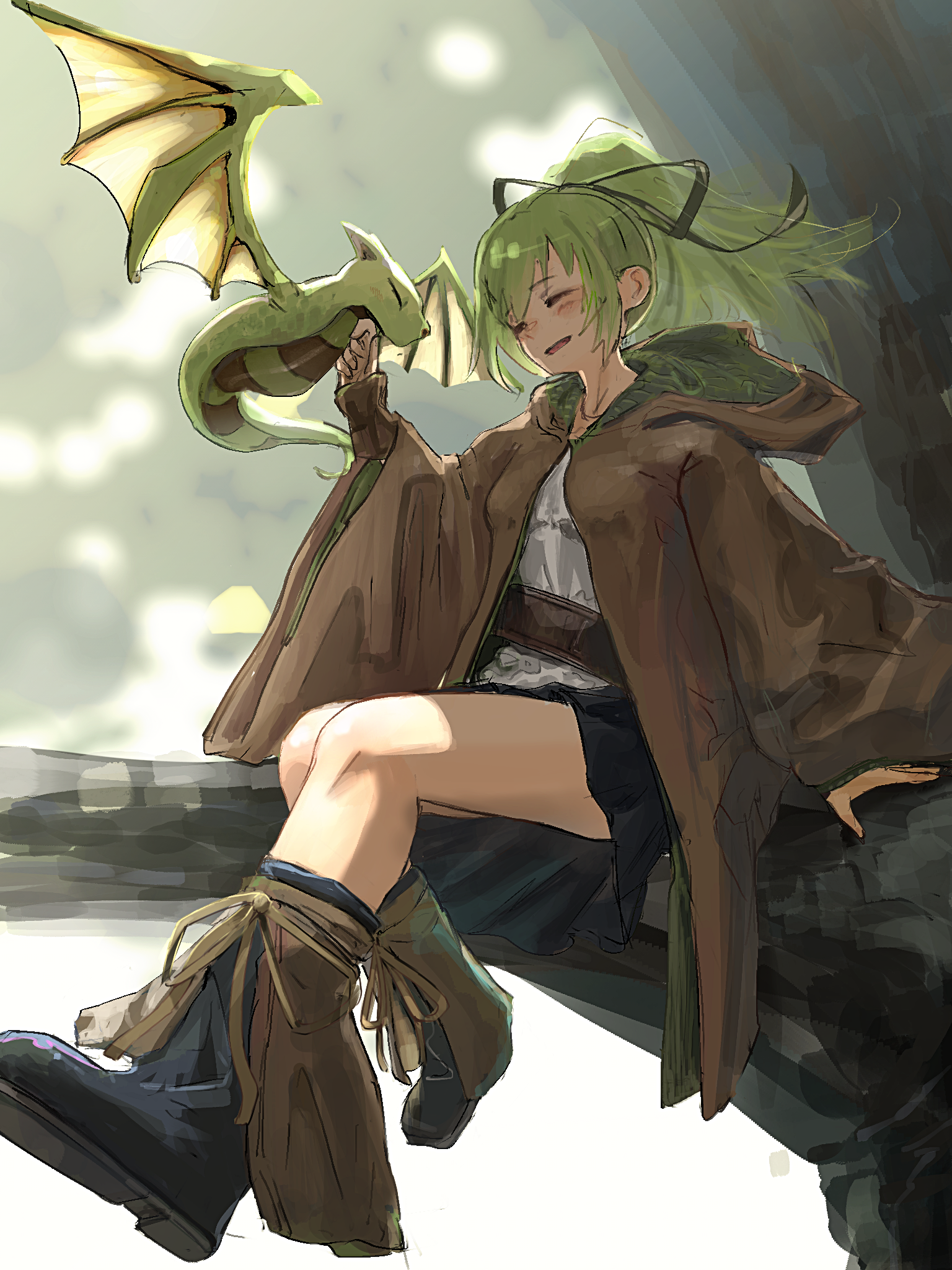 puka (puka bgart), petit dragon, wynn (yu-gi-oh!), wynn the wind charmer, yu-gi-oh!, highres, 1girl, boots, brown robe, closed eyes, dragon, duel monster, green hair, long hair, long sleeves, ponytail, robe, shirt, sitting, skirt, white shirt, wide sleeves