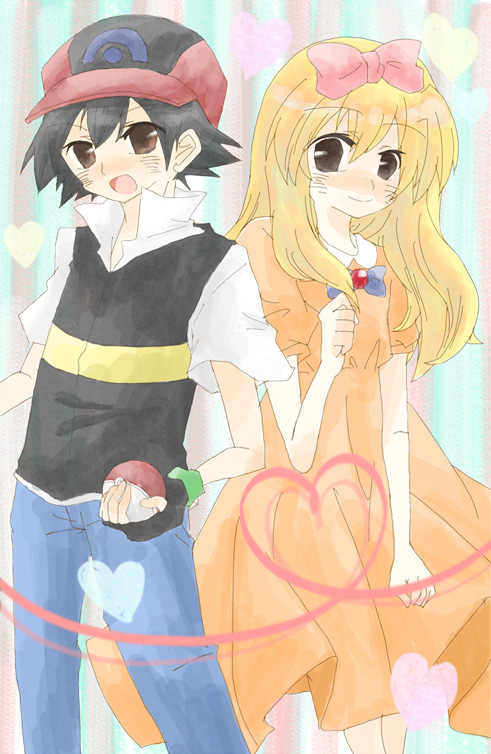 failry tale, ash ketchum, ashley (pokemon), nintendo, pokemon, pokemon (anime), bad id, bad pixiv id, 2boys, blonde hair, blush, child, crossdressing, crossdressing (mtf), dress, dual persona, fingerless gloves, gloves, hat, heart, male focus, multiple boys, ribbon, trap
