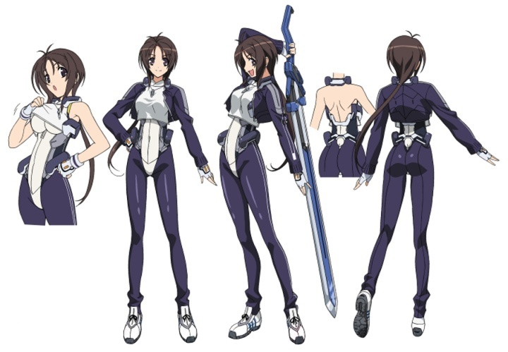 oriotorai makiko, kyoukaisenjou no horizon, official art, ass, bodysuit, brown hair, clothes lift, looking at viewer, short hair, simple background, skin tight, smile, sword, weapon, white background