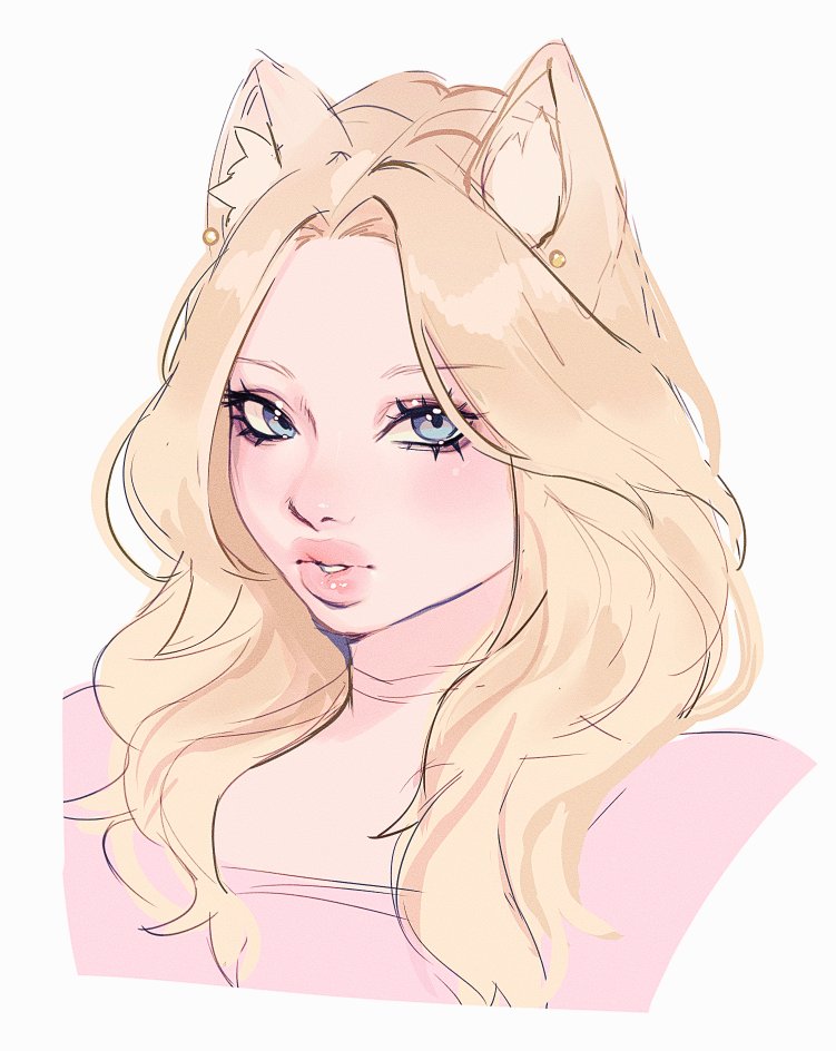 noisykoala, original, commentary, english commentary, 1girl, animal earrings, animal ears, betty (noisykoala), blonde hair, blue eyes, cat ears, cat girl, choker, cropped head, earrings, eyelashes, forehead, gold earrings, jewelry, light blush, long hair, looking at viewer, parted bangs, parted lips, pink shirt, shirt, simple background, sketch, stud earrings, teeth, thick lips, white background
