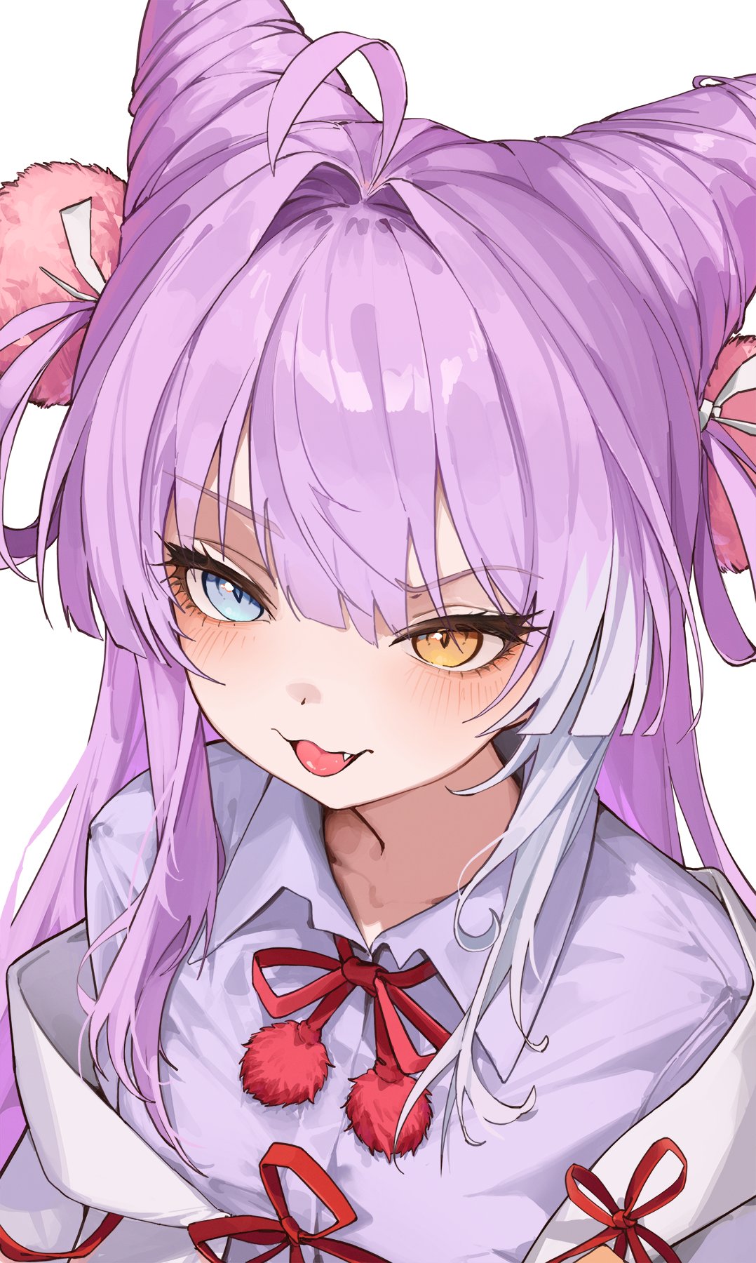 tenko shibuki, stellive, commentary request, highres, korean commentary, 1girl, ahoge, blue eyes, blue shirt, center-flap bangs, closed mouth, collared shirt, cone hair bun, double bun, fang, from above, hair bun, hair intakes, hair ornament, hair rings, heterochromia, hwashin02, long hair, looking at viewer, looking up, neck ribbon, pom pom (clothes), pom pom hair ornament, purple hair, red ribbon, ribbon, shirt, simple background, solo, straight hair, tongue, tongue out, upper body, virtual youtuber, white background, wing collar, yellow eyes