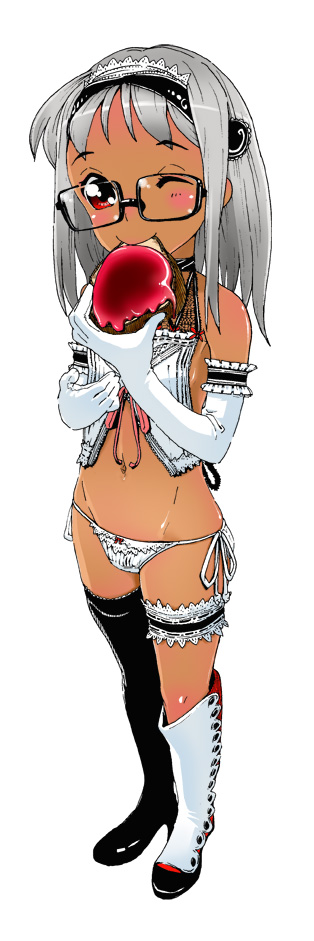 shima taka, silver hair, long image, tall image, asymmetrical clothes, asymmetrical footwear, boots, dark-skinned female, dark skin, elbow gloves, glasses, gloves, hairband, lingerie, mismatched footwear, negligee, one eye closed, panties, red eyes, side-tie panties, single thighhigh, solo, thighhighs, underwear, wink