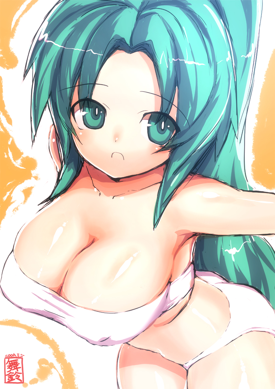 rondo bell, sonozaki mion, higurashi no naku koro ni, bad id, bad pixiv id, highres, 00s, 1girl, aqua eyes, aqua hair, bare shoulders, bikini, breasts, cleavage, female focus, huge breasts, long hair, solo, swimsuit
