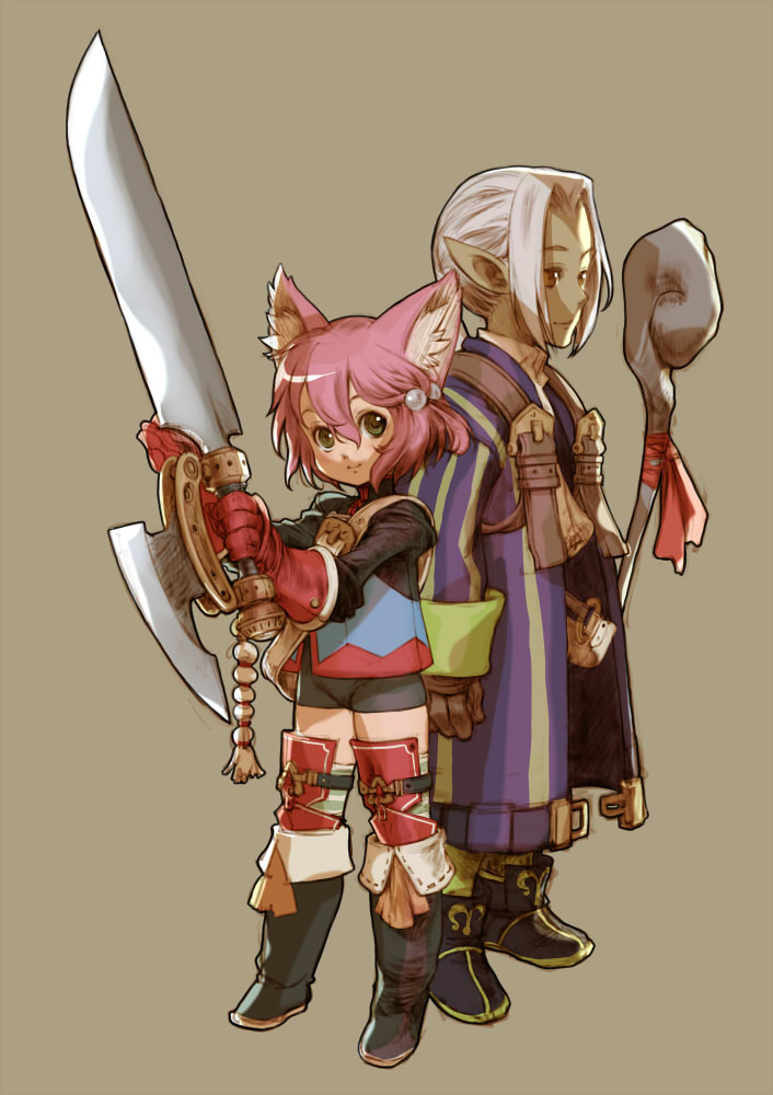 branch (blackrabbits), fighter (7th dragon), harukara (7th dragon), healer (7th dragon), jericho (7th dragon), knight (7th dragon), 7th dragon, 7th dragon (series), bad id, bad pixiv id, 1boy, 1girl, animal ears, bike shorts, boots, child, elf, gloves, huge weapon, pointy ears, smile, staff, sword, thighhighs, weapon