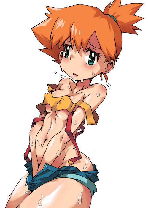 hun (uyonis), misty (pokemon), nintendo, pokemon, bad id, bad pixiv id, 1girl, blush, breasts, cleavage, covered erect nipples, female focus, female masturbation, green eyes, hand in pants, hand under clothes, hand under shorts, masturbation, midriff, no panties, orange hair, ponytail, shorts, simple background, small breasts, solo, suspenders, sweat, underboob, white background