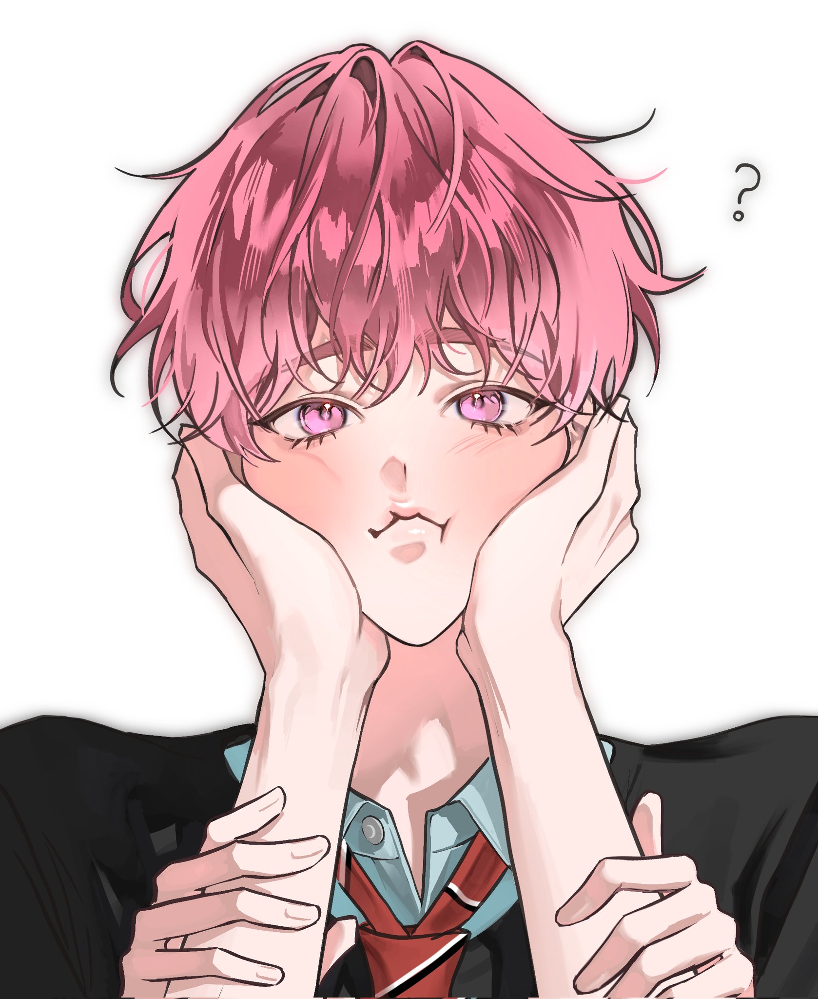 amo 0202, bamby (plave), plave, highres, 1boy, ?, cheek squash, closed mouth, hair between eyes, hands on another's cheeks, hands on another's face, holding another's arm, k-pop, looking at viewer, male focus, pink eyes, pink hair, portrait, pov, pov hands, short hair, simple background, white background