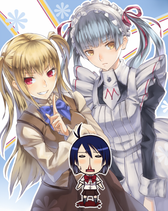 nidy, miyamae kanako, shidou mariya, shinouji matsurika, maria holic, 00s, 1boy, 2girls, apron, blonde hair, blood, blue hair, dress, expressionless, hair ribbon, long hair, maid, maid apron, mole, mole under eye, multiple girls, nosebleed, red eyes, ribbon, school uniform, trap, twintails, yellow eyes