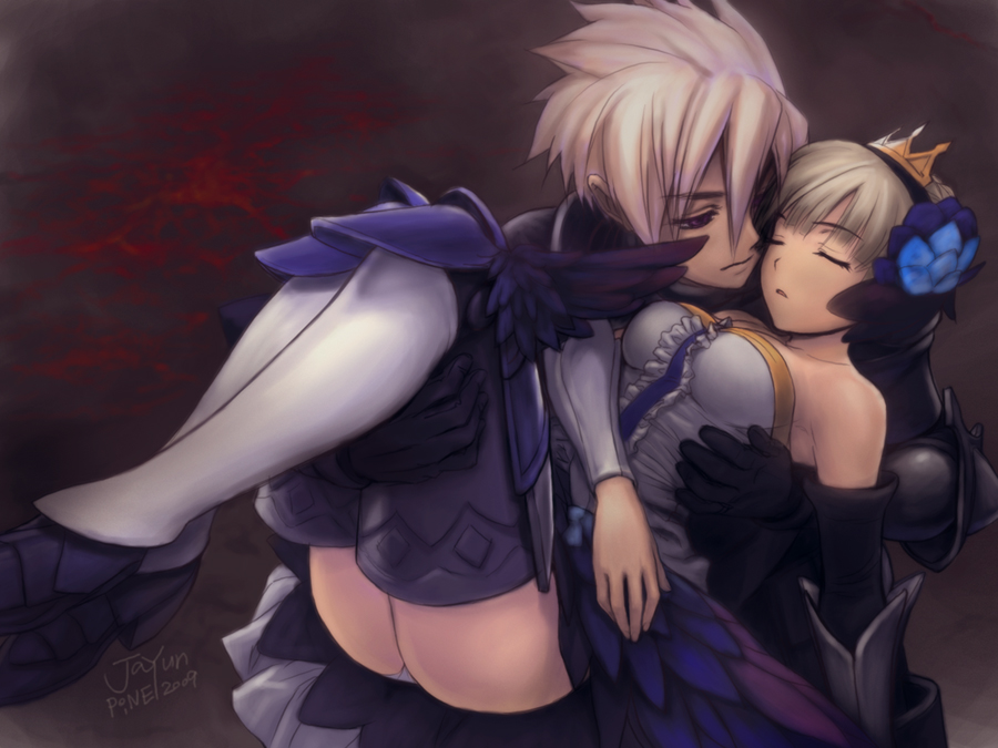 jayun, gwendolyn (odin sphere), oswald, odin sphere, md5 mismatch, resized, resolution mismatch, source smaller, upscaled, 00s, 1boy, 1girl, 2009, armor, armored dress, boots, carrying, couple, crown, dress, grey background, hetero, panties, princess carry, strapless, strapless dress, thigh boots, thighhighs, underwear, white hair