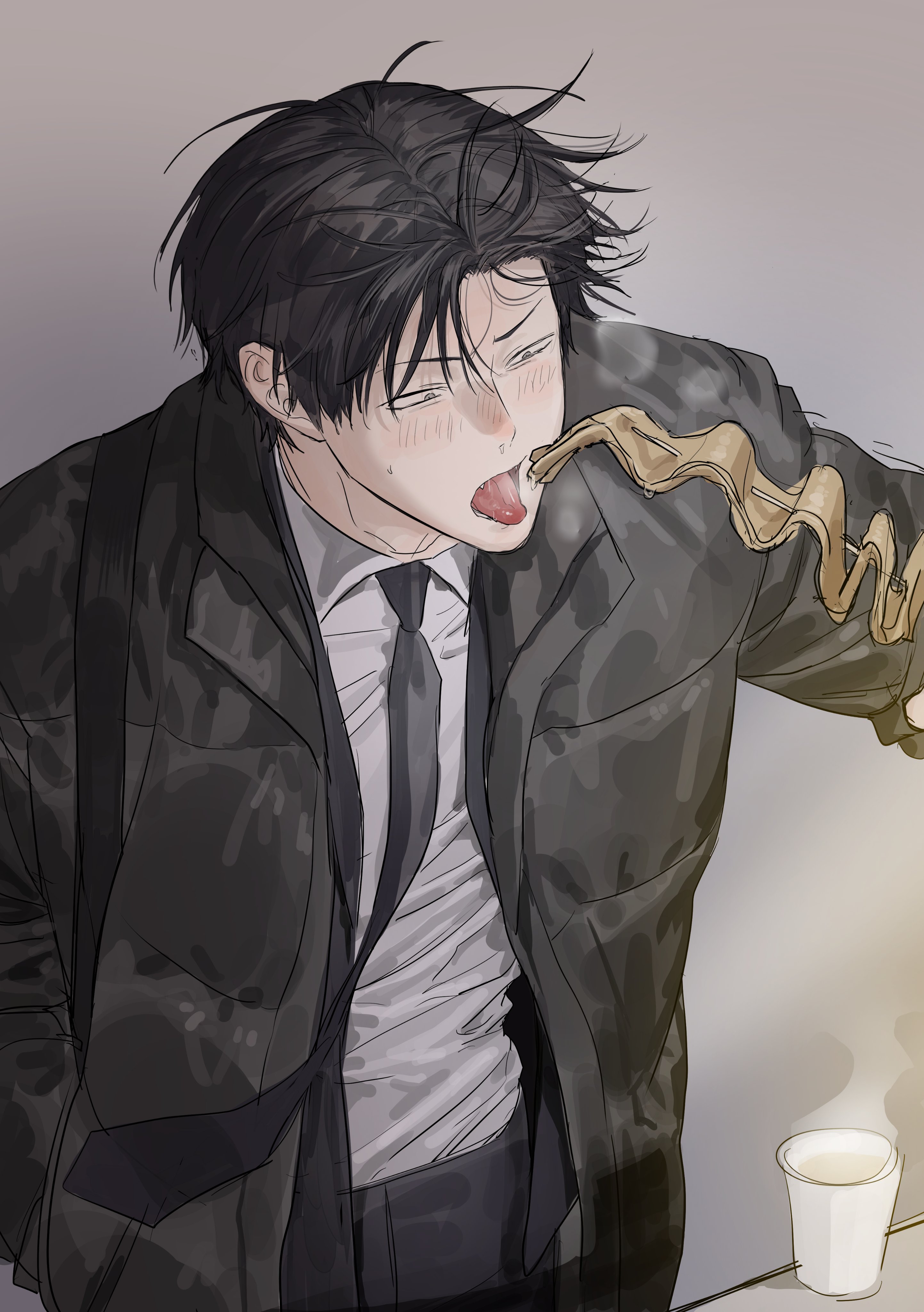 chamuring, absurdres, highres, 1boy, black hair, black necktie, blush, collared shirt, han maru, hand in pocket, male focus, necktie, sexually suggestive, shirt, shirt tucked in, short hair, solo, special civil servant, sweat, tongue, tongue out, white shirt
