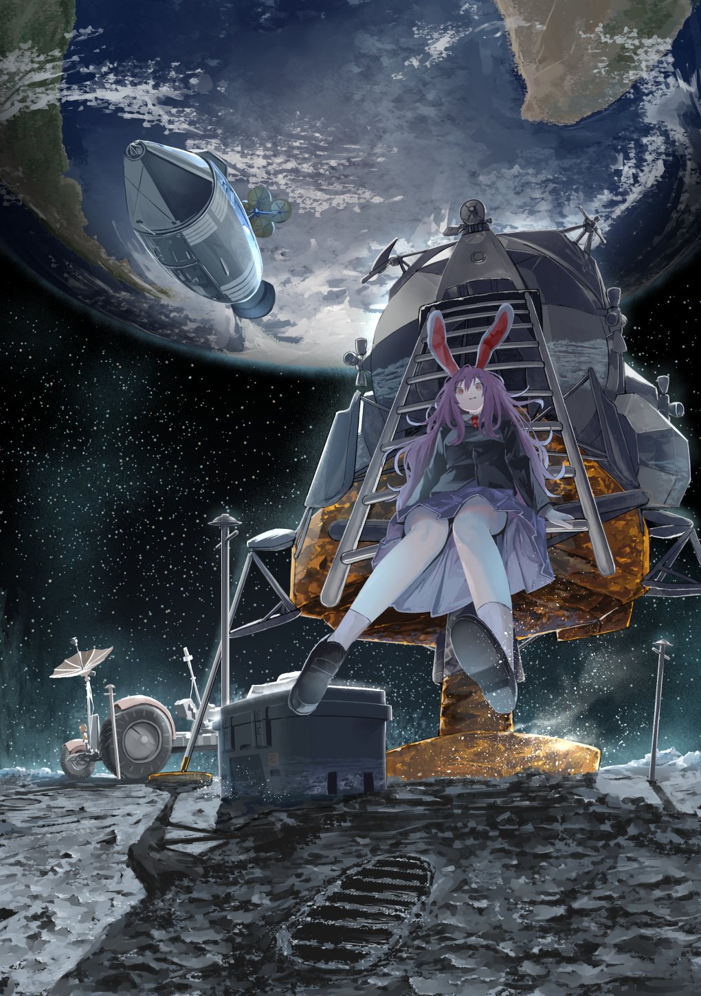 kiyonetto, reisen udongein inaba, touhou, commentary request, highres, 1girl, black jacket, black shoes, closed mouth, earth (planet), full body, jacket, loafers, long hair, long sleeves, looking at viewer, lunar lander, moon, necktie, pantyhose, planet, purple eyes, purple hair, purple skirt, rabbit girl, red necktie, shirt, shoes, skirt, solo, space, spacecraft, very long hair, white pantyhose, white shirt