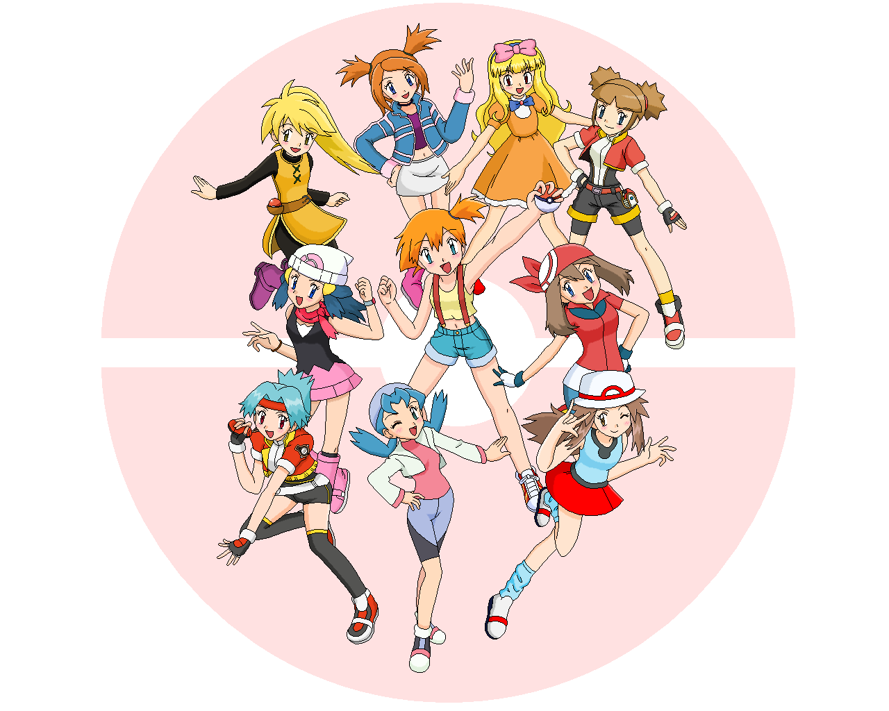 kuro hopper, ash ketchum, ashley (pokemon), dawn (pokemon), hitomi (pokemon ranger), kate (pokemon), leaf (pokemon), marina (pokemon), may (pokemon), misty (pokemon), rui (pokemon), solana (pokemon), yellow (pokemon), nintendo, pokemon, pokemon (anime), pokemon (classic anime), pokemon adventures, pokemon colosseum, pokemon frlg, pokemon ranger: shadows of almia, pokemon ranger (game), pokemon ranger (series), pokemon ranger 1, pokemon ranger vatonage, pokemon rgby, annotated, bad id, bad pixiv id, 00s, 1990s (style), 1boy, 6+girls, bandana, blonde hair, blue eyes, blue hair, blush, boots, brown hair, child, crossdressing, everyone, green eyes, hat, holding, holding poke ball, in-franchise crossover, m/, multiple girls, oekaki, orange hair, pink boots, poke ball, poketch, porkpie hat, retro artstyle, reverse trap, suspenders, trap, waist poke ball, watch, wristwatch