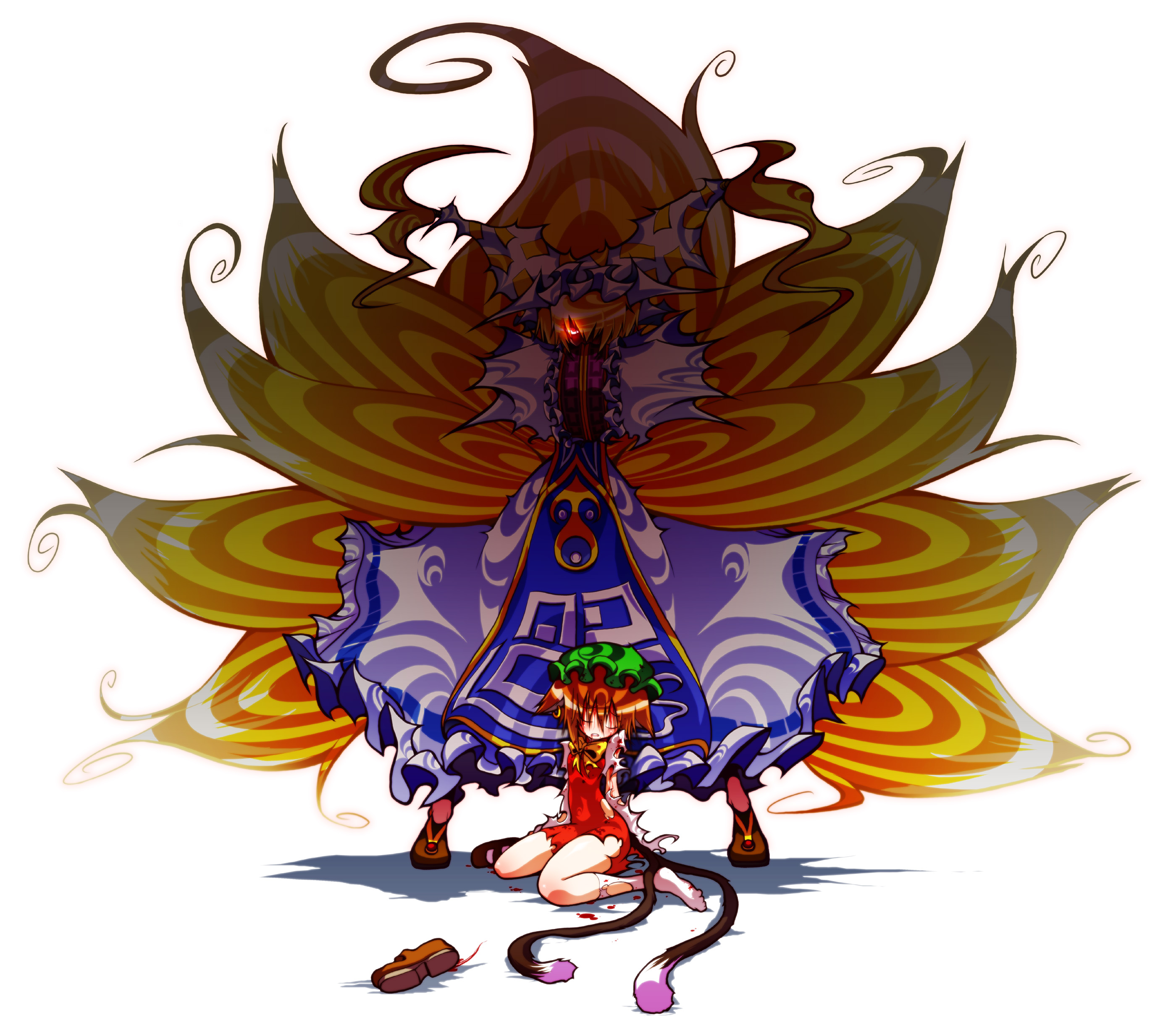 ichi (ichikai), chen, yakumo ran, touhou, absurdres, highres, 2girls, animal hat, blood, crossed arms, earrings, female focus, glowing, glowing eyes, hat, jewelry, mob cap, multiple girls, multiple tails, one eye covered, simple background, single earring, socks, tabard, tail, torn clothes, two tails, white background