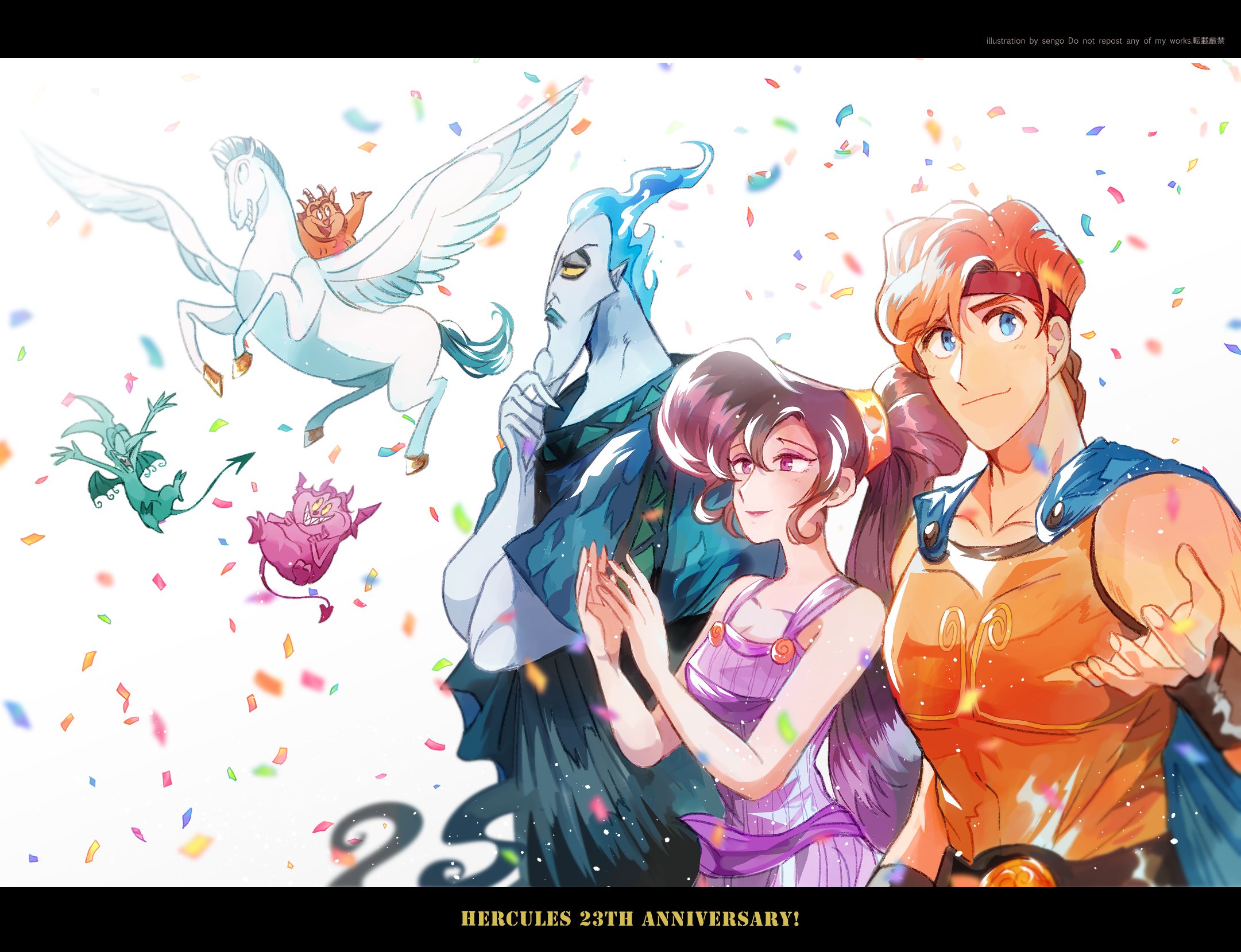 airagency1005, hades (disney), megara (disney), hercules (1997 movie), hercules (disney), highres, 1girl, 6+boys, blue eyes, blue hair, brown hair, dress, long hair, makeup, multiple boys, pain (disney), panic (disney), pegasus (disney), philoctetes, ponytail, short hair, smile