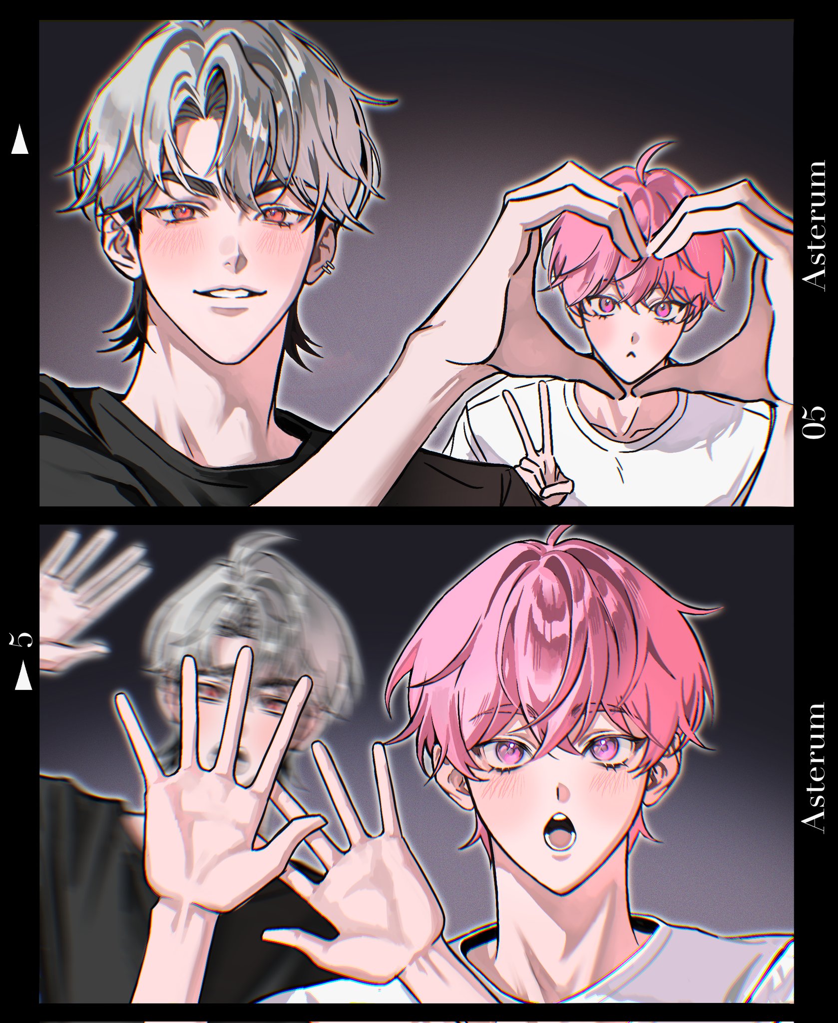 amo 0202, bamby (plave), plave, highres, 2boys, ahoge, black border, blurry, border, eunho (plave), grey hair, hair between eyes, hands up, heart, heart hands, k-pop, looking at viewer, male focus, multiple boys, multiple views, open mouth, parted bangs, pink eyes, pink hair, red eyes, short hair, upper body, waving