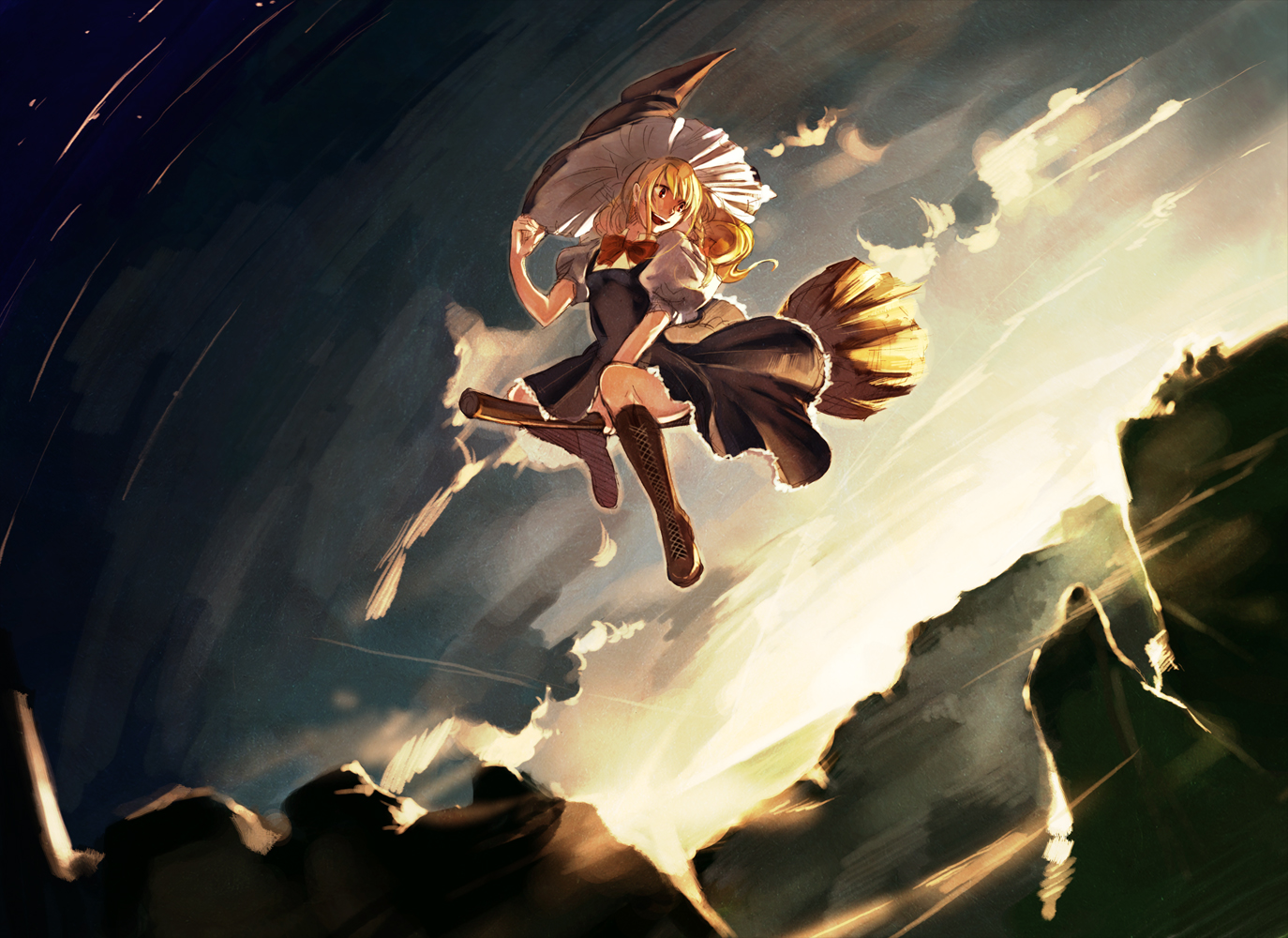 amano hana, kirisame marisa, touhou, 1girl, broom, broom riding, canyon, cloud, female focus, outdoors, sky, smile, solo