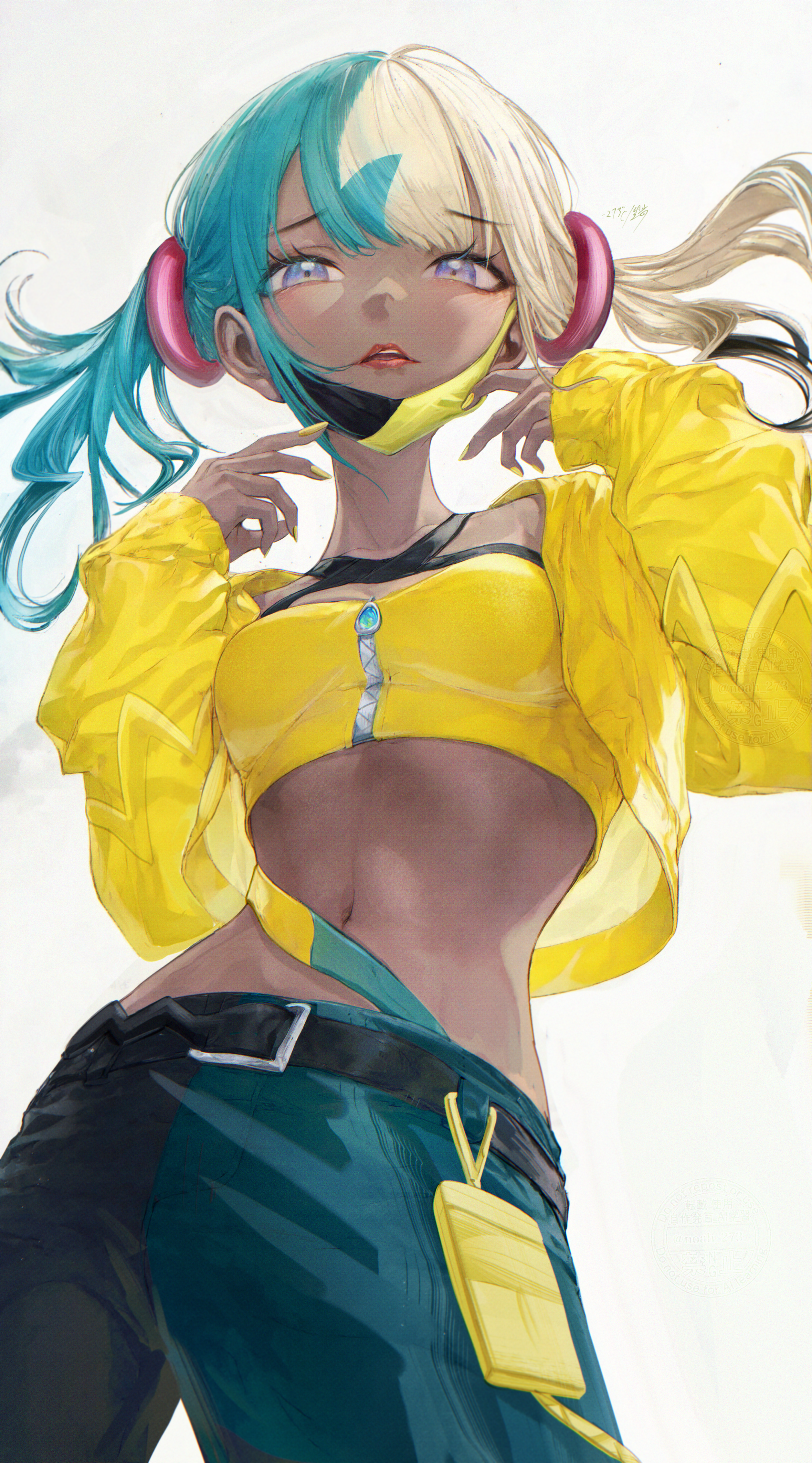 renoahh, canari (pokemon), nintendo, pokemon, pokemon legends: z-a, absurdres, highres, 1girl, aqua hair, bandeau, belt, black belt, black mask, black pants, blonde hair, blue eyes, blue pants, blush, breasts, criss-cross halter, crop top, hair ornament, halterneck, jacket, mask, mask pull, medium breasts, midriff, mouth mask, multicolored hair, navel, open mouth, pants, parted lips, red lips, short twintails, simple background, small breasts, solo, split-color hair, twintails, two-tone hair, two-tone mask, white background, yellow bandeau, yellow jacket, yellow mask
