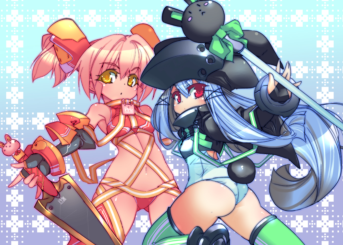 a-walk, fujishima-sei ichi-gou, original, 2girls, armpits, ass, blue hair, colored eyelashes, long hair, midriff, multiple girls, orange eyes, pink hair, red eyes, staff, sword, thighhighs, weapon