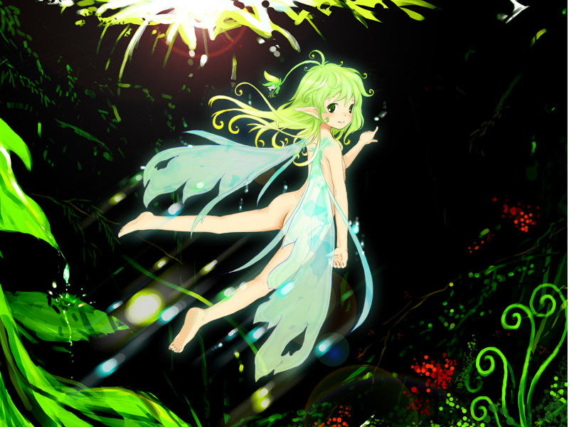 tokiwakinya, original, ass, barefoot, black eyes, fairy, feet, green hair, loli, long hair, nude, pointing, pointy ears, solo, wings