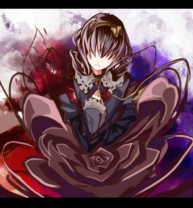 makai no juumin, komeiji satori, touhou, bad id, bad pixiv id, 1girl, female focus, flower, heart, letterboxed, no eyes, purple hair, rose, short hair, sitting, smile, solo, third eye