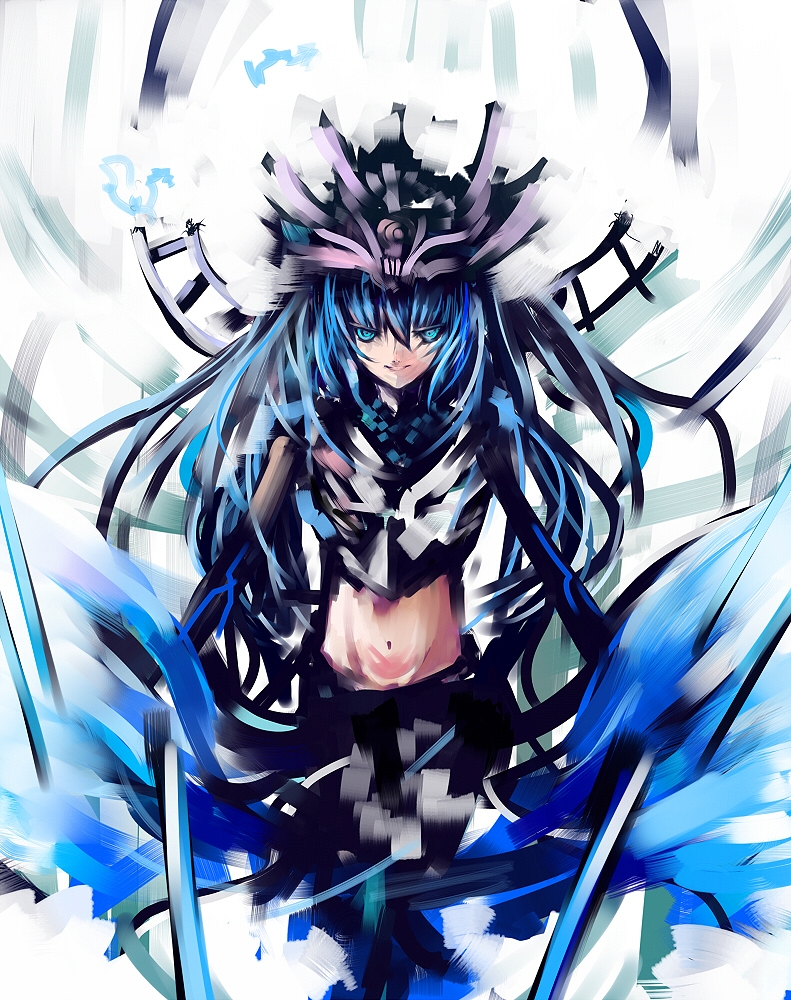 makai no juumin, bad id, bad pixiv id, blue eyes, blue hair, glowing, glowing eyes, hat, navel
