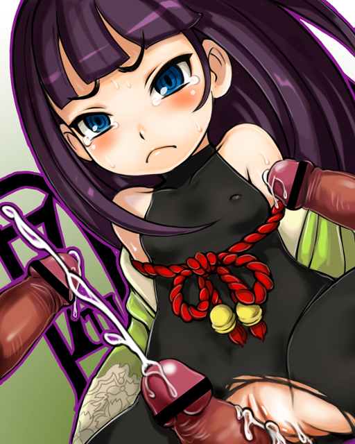 e10, ran (7th dragon), samurai (7th dragon), 7th dragon, 7th dragon (series), sega, bad id, bad pixiv id, 1girl, 3boys, bar censor, bare shoulders, blue eyes, blush, breasts, censored, covered erect nipples, cum, dark penis, frottage, frown, gangbang, grinding, group sex, hetero, loli, long hair, multiple boys, nipples, penis, purple hair, pussy, small breasts, solo focus, tears, torn clothes