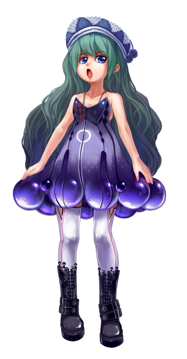 observerz, bad id, bad pixiv id, highres, 1girl, blue eyes, boots, dress, female focus, green hair, hat, long hair, solo, thighhighs