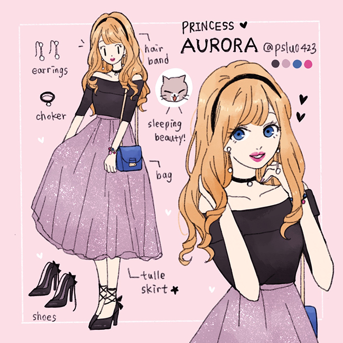aurora (disney), sleeping beauty (disney), 1girl, animification, blonde hair, blue eyes, contemporary, hairband, jewelry, long hair, looking at viewer, makeup, pslu0423, red lips, simple background, skirt, smile, solo