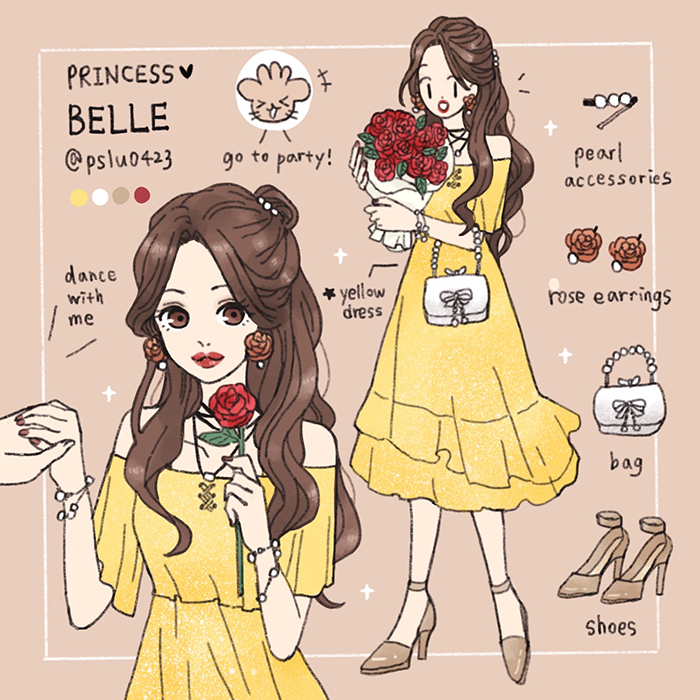 belle (disney), beauty and the beast (disney), 1girl, animification, brown eyes, brown hair, contemporary, dress, earrings, jewelry, long hair, looking at viewer, makeup, ponytail, pslu0423, simple background, smile, solo, very long hair, yellow dress