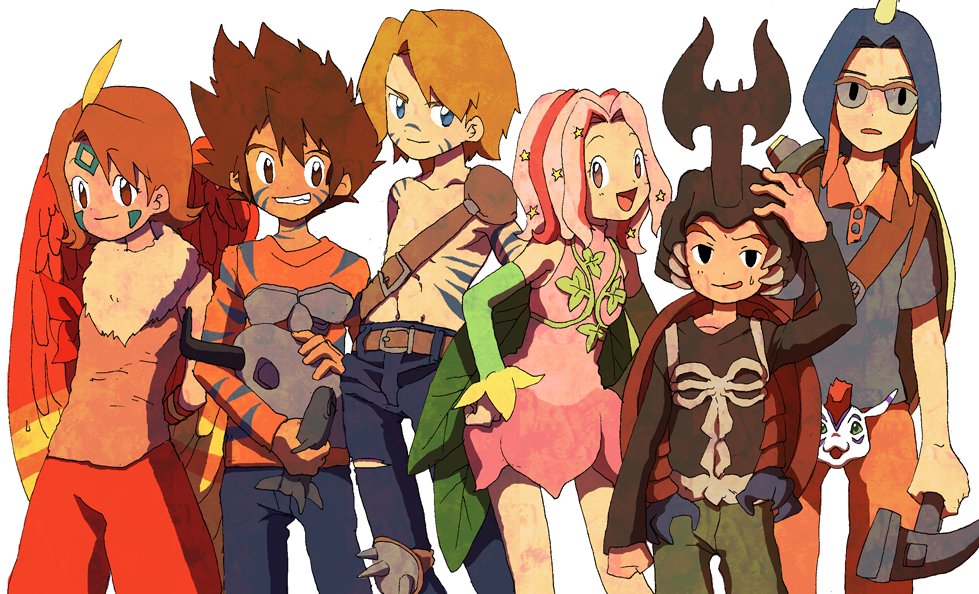 doku imouto ko, atlurkabuterimon, atlurkabuterimon (red), garudamon, ishida yamato, izumi koshiro, kido jo, lilimon, metalgreymon, tachikawa mimi, takenouchi sora, weregarurumon, yagami taichi, zudomon, digimon, digimon adventure 02, 2girls, 4boys, :p, belt, black eyes, blue eyes, blue hair, brown eyes, brown hair, cosplay, detached sleeves, everyone, facepaint, glasses, grin, lineup, multicolored hair, multiple boys, multiple girls, orange hair, pink eyes, pink hair, red eyes, short hair, smile, tongue, tongue out, two-tone hair, wings