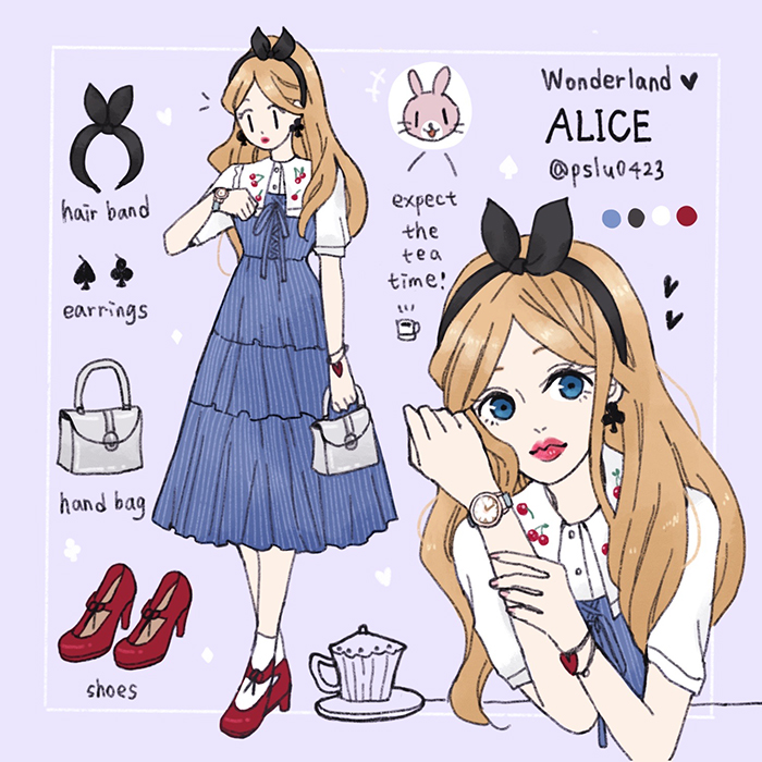1girl, alice (disney), alice in wonderland (disney), animification, blonde hair, blue dress, bow, contemporary, dress, earrings, hairband, jewelry, long hair, looking at viewer, makeup, pslu0423, shoes, simple background, smile, solo, very long hair