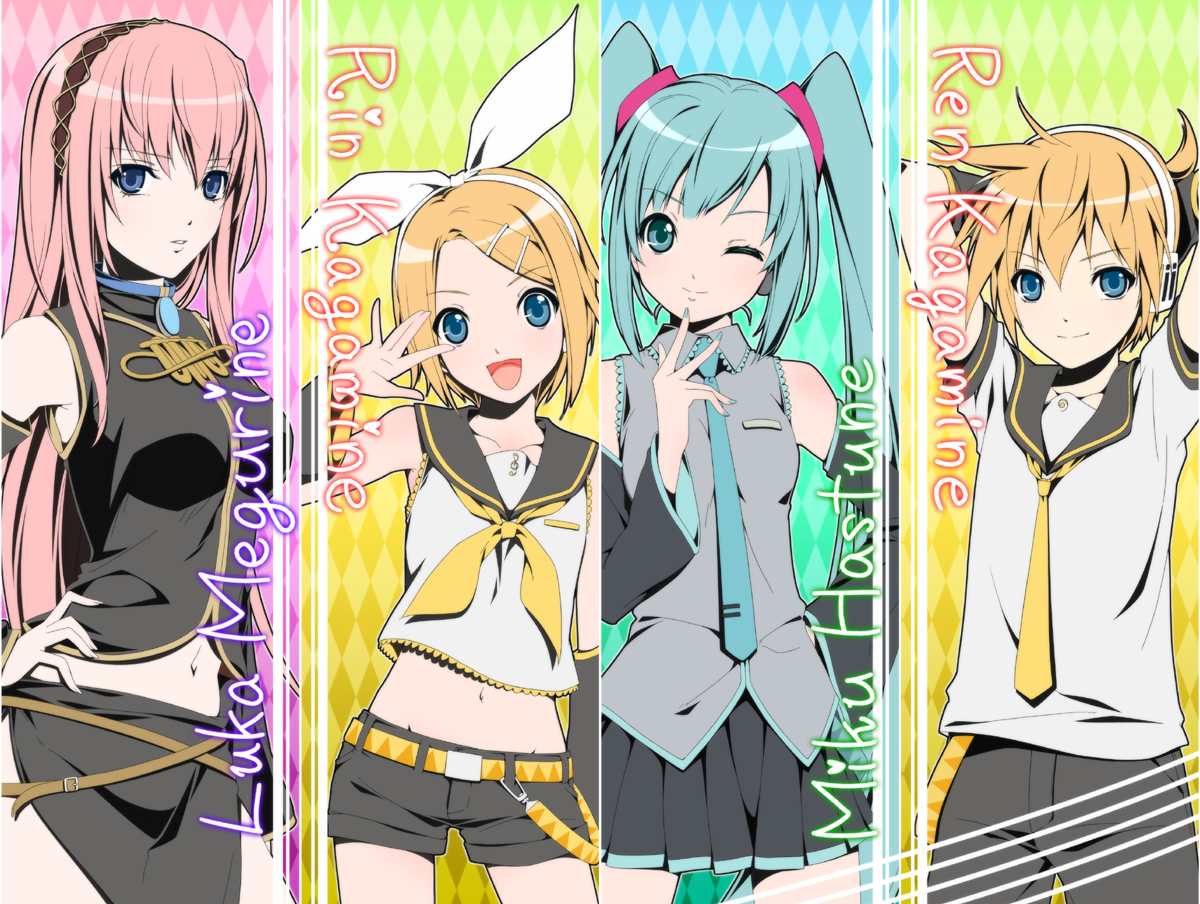 ama mitsuki, hatsune miku, kagamine len, kagamine rin, megurine luka, vocaloid, aqua eyes, aqua hair, blonde hair, blue eyes, detached sleeves, hair ornament, hairclip, long hair, midriff, navel, necktie, pink hair, ribbon, short hair, short shorts, shorts, siblings, skirt, thighhighs, twins, twintails, very long hair, zettai ryouiki