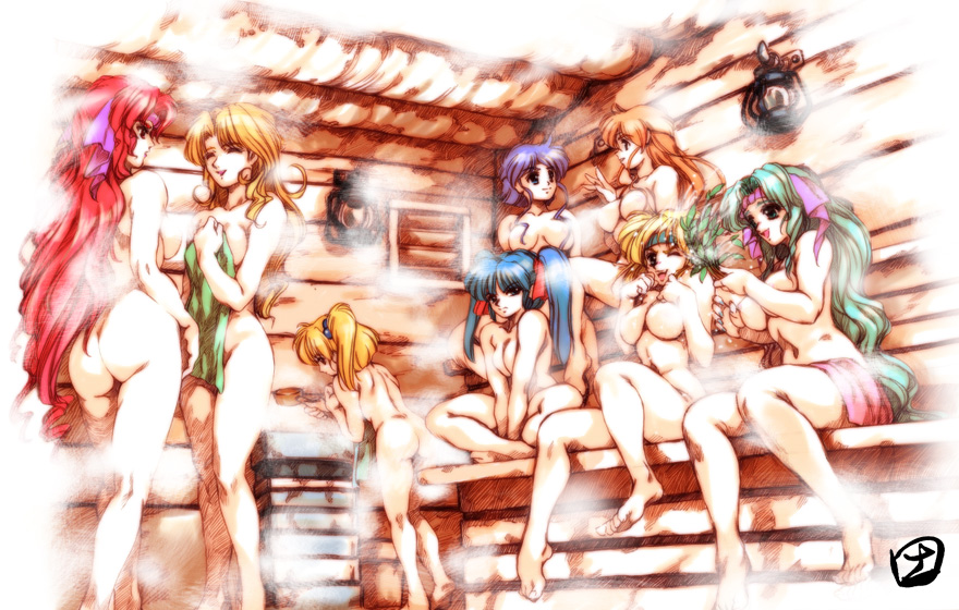 hisahiko, lune zoldark, mio sasuga, monica grania bilseia, presia zenoskis, senia grania billseia, tudy rasm iknart, tytti norback, wendy rasm iknart, xenia grania bilseia, banpresto, super robot wars, super robot wars the lord of elemental, character request, 6+girls, ass, barefoot, blonde hair, blue hair, breast suppress, breasts, closed eyes, feet, female focus, green hair, headband, large breasts, long hair, monica grania billseia, multiple girls, nail polish, nude, one eye closed, orange hair, purple hair, red hair, sauna, short hair, sitting, standing, steam, towel, twintails, wink