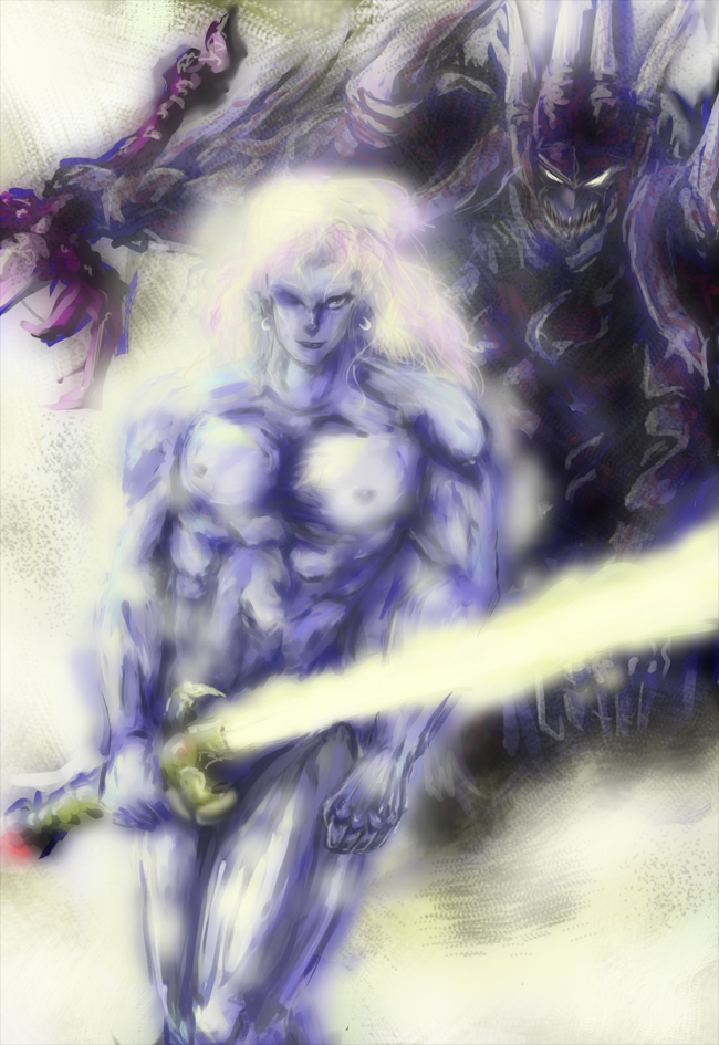 kuu (pixiv582427), cecil harvey, dark knight (final fantasy), final fantasy, final fantasy iv, 1990s (style), 1boy, armor, dark knight, dual persona, energy sword, long hair, looking at viewer, male focus, muscular, nude, sword, weapon, white hair