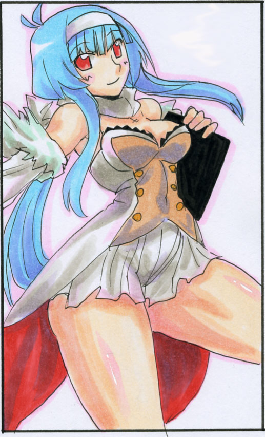 kikuta, quiz magic academy, 1girl, blue hair, blunt bangs, book, breasts, cleavage, female focus, hair intakes, large breasts, long hair, red eyes, skirt, solo, very long hair