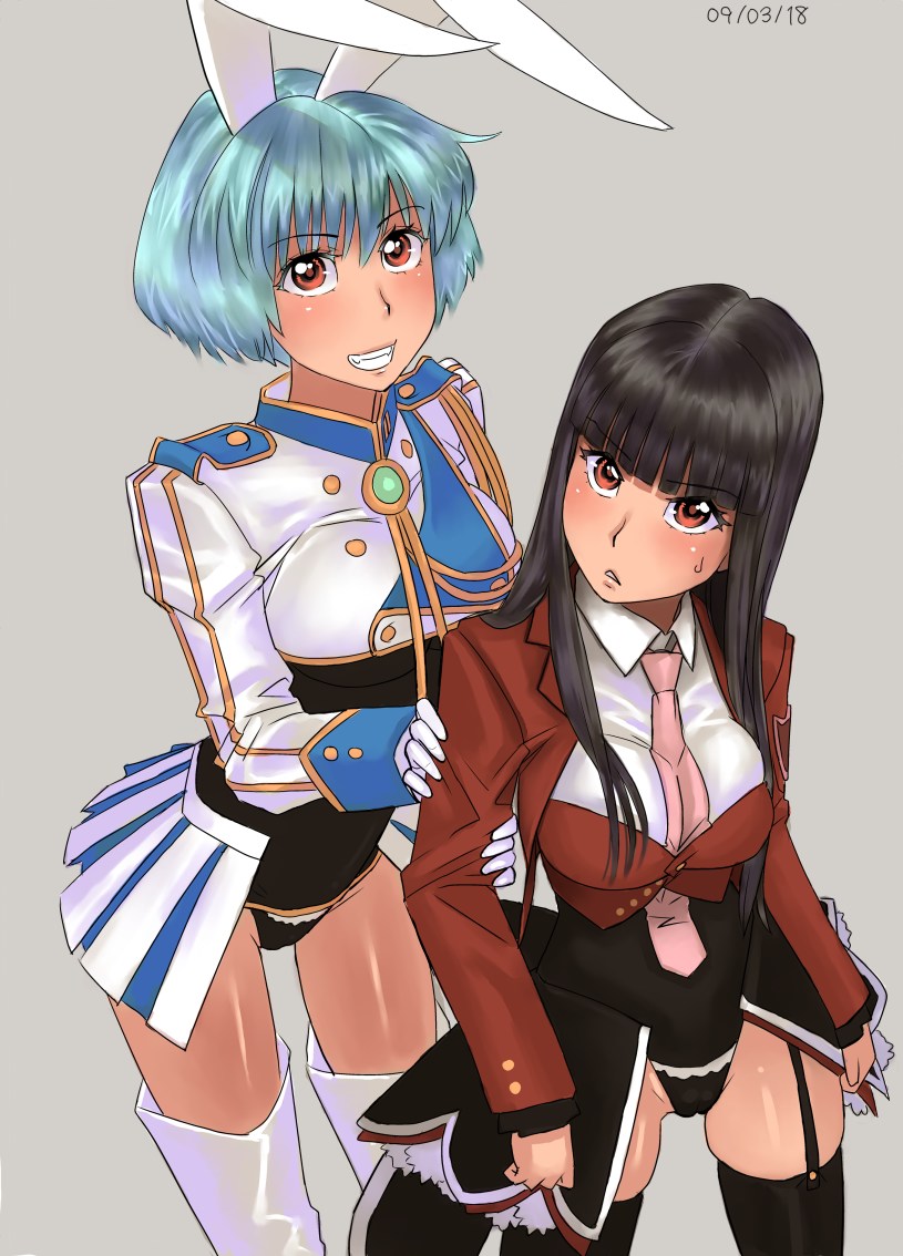 zenkou, chiester410, chiester sisters, lucifer (umineko), stakes of purgatory, umineko no naku koro ni, 00s, 2girls, animal ears, black garter straps, black hair, blue hair, bottomless, brown eyes, cameltoe, garter belt, garter straps, grin, leotard, multiple girls, necktie, pink necktie, rabbit ears, showgirl skirt, smile, thighhighs
