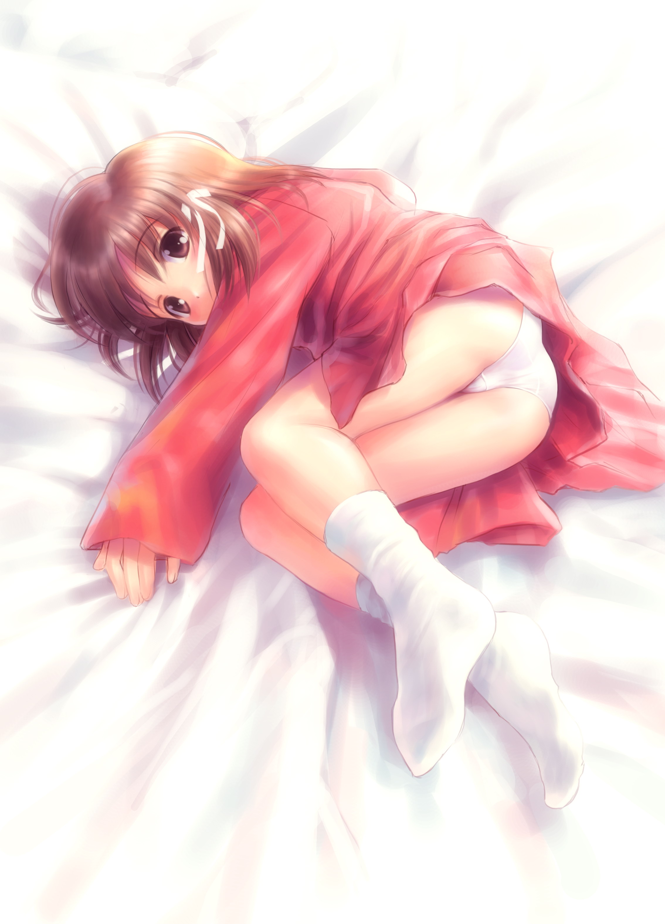 goto p, absurdres, highres, 1girl, bed, brown eyes, brown hair, feet, female focus, loli, panties, pantyshot, short hair, socks, solo, underwear
