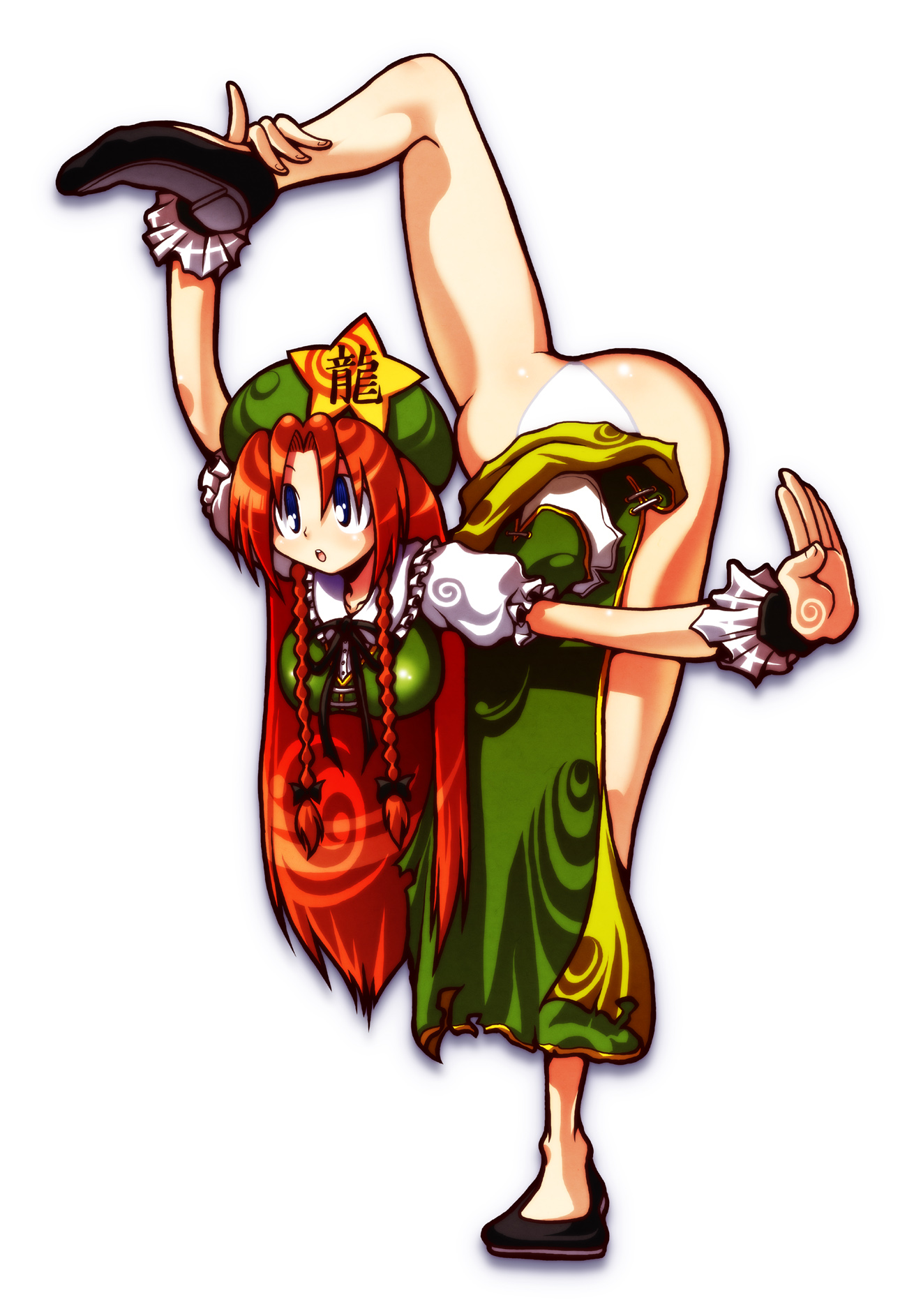 ichi (ichikai), hong meiling, embodiment of scarlet devil, touhou, highres, 1girl, blue eyes, braid, breasts, china dress, chinese clothes, dress, female focus, flexible, hanging breasts, large breasts, panties, red hair, solo, twin braids, underwear, white panties