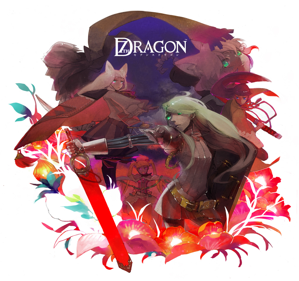 maruco, fighter (7th dragon), harukara (7th dragon), ikurakun (7th dragon), kate (7th dragon), knight (7th dragon), mage (7th dragon), princess (7th dragon), ran (7th dragon), rogue (7th dragon), samurai (7th dragon), sora (7th dragon), yac (7th dragon), 7th dragon, 7th dragon (series), bad id, bad pixiv id, 1boy, 5girls, animal ears, armor, floro (7th dragon), flower, green eyes, multiple girls, sword, weapon