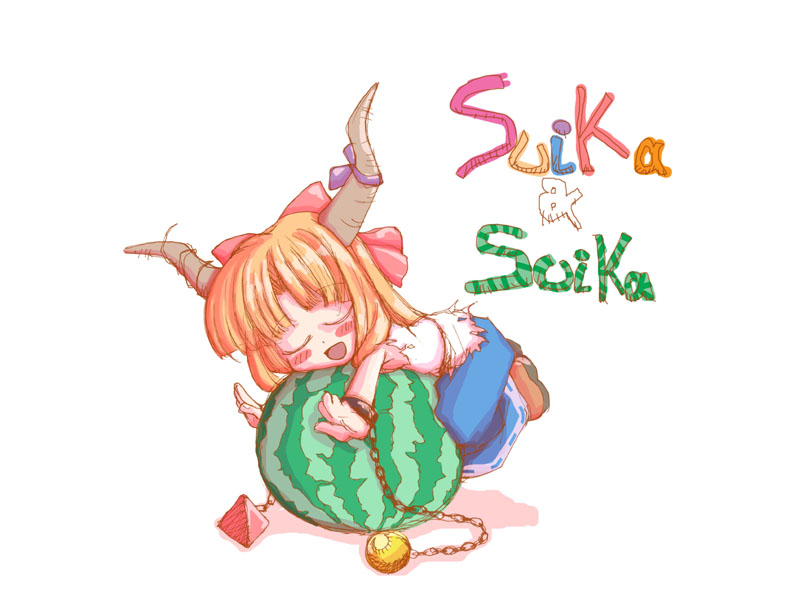 chamupei, ibuki suika, touhou, 1girl, blonde hair, bow, character name, closed eyes, female focus, food, fruit, hair bow, holding, holding food, holding fruit, holding watermelon, horns, name connection, object namesake, pun, solo, watermelon, white background